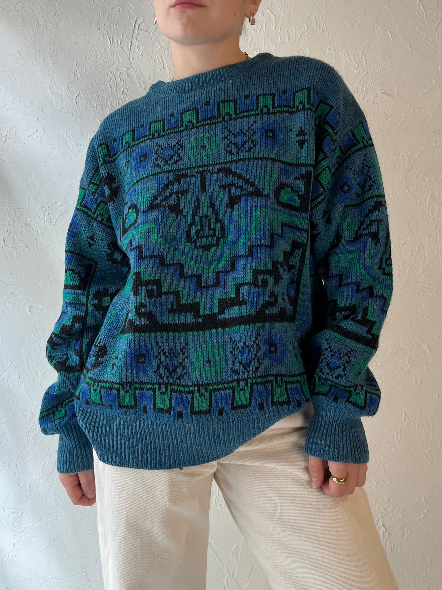 90s Blue Acrylic Wool Pullover Sweater / Medium