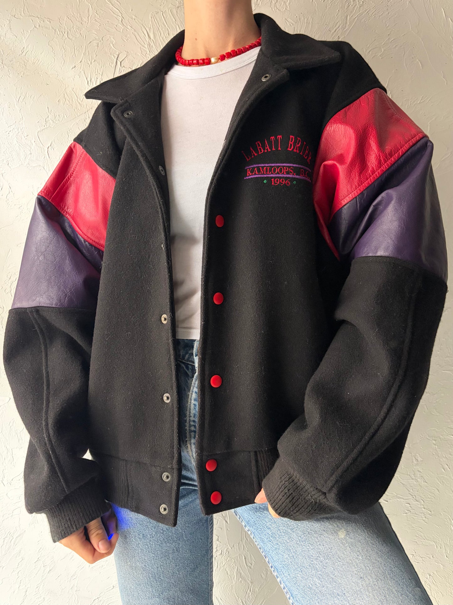 90s 'Labatt' Leather Wool Bomber Jacket / Medium
