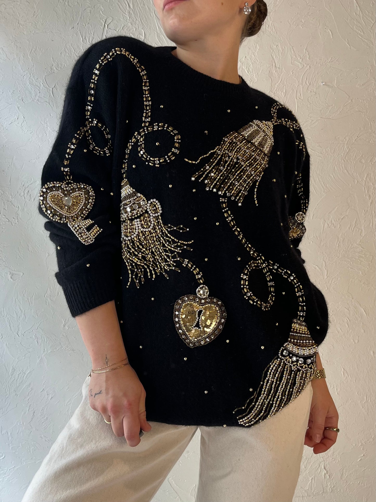 90s 'Bianca' Black Beaded Sweater / Medium