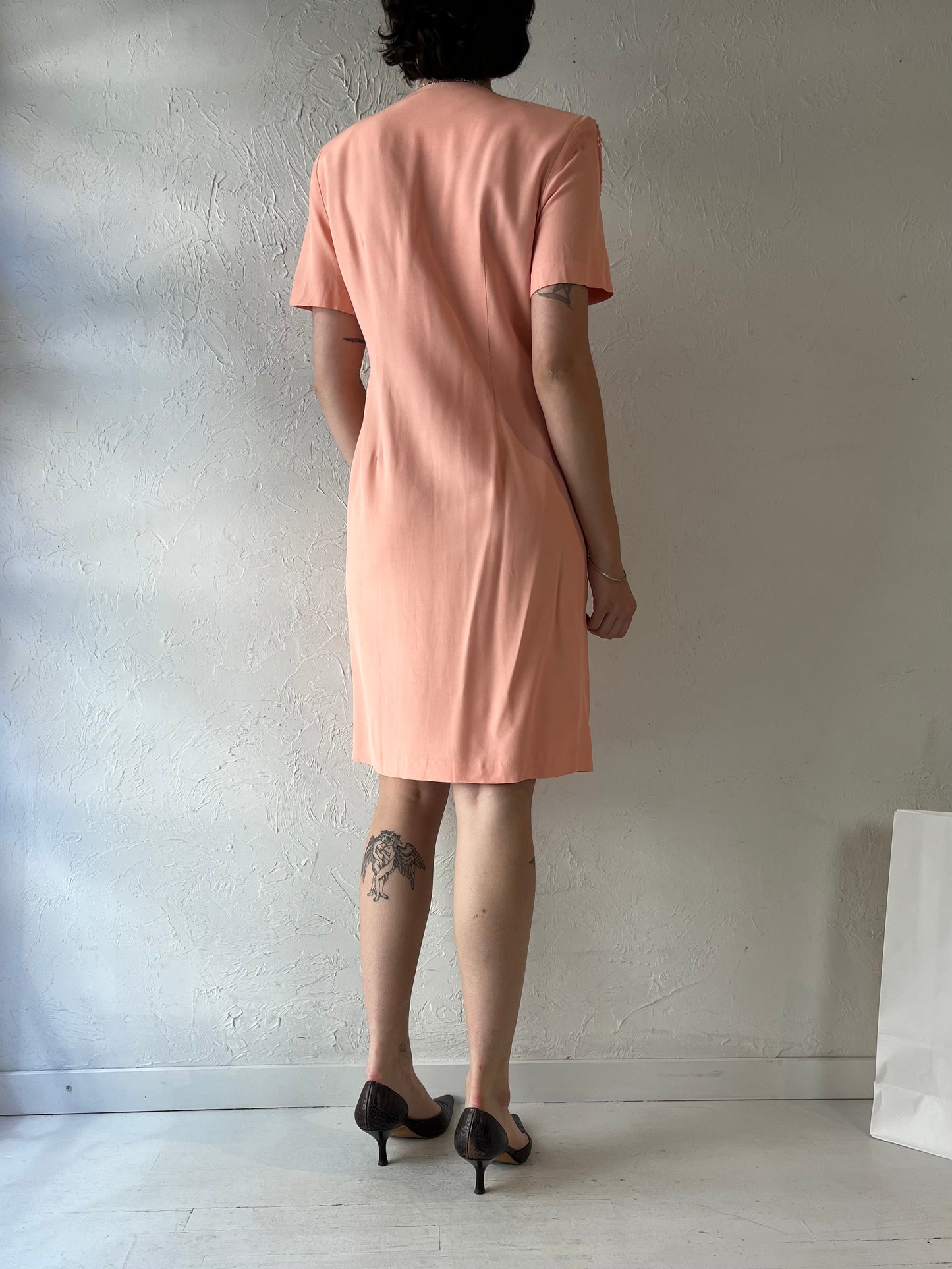 90s 'Petite Sophisticate' Pink Button Up Dress / Small