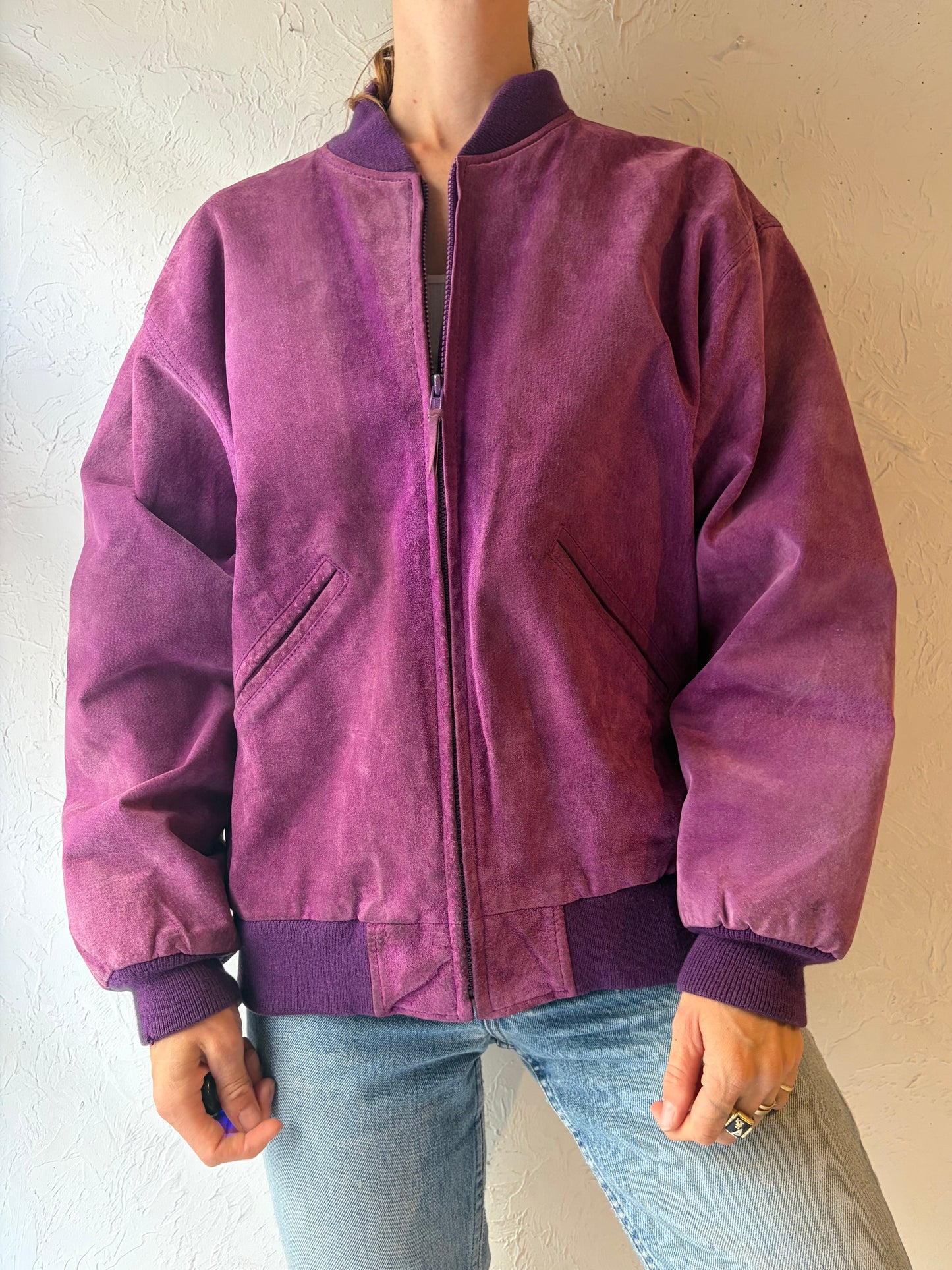 90s 'Mixed Blues' Purple Suede Leather Bomber Jacket / Medium