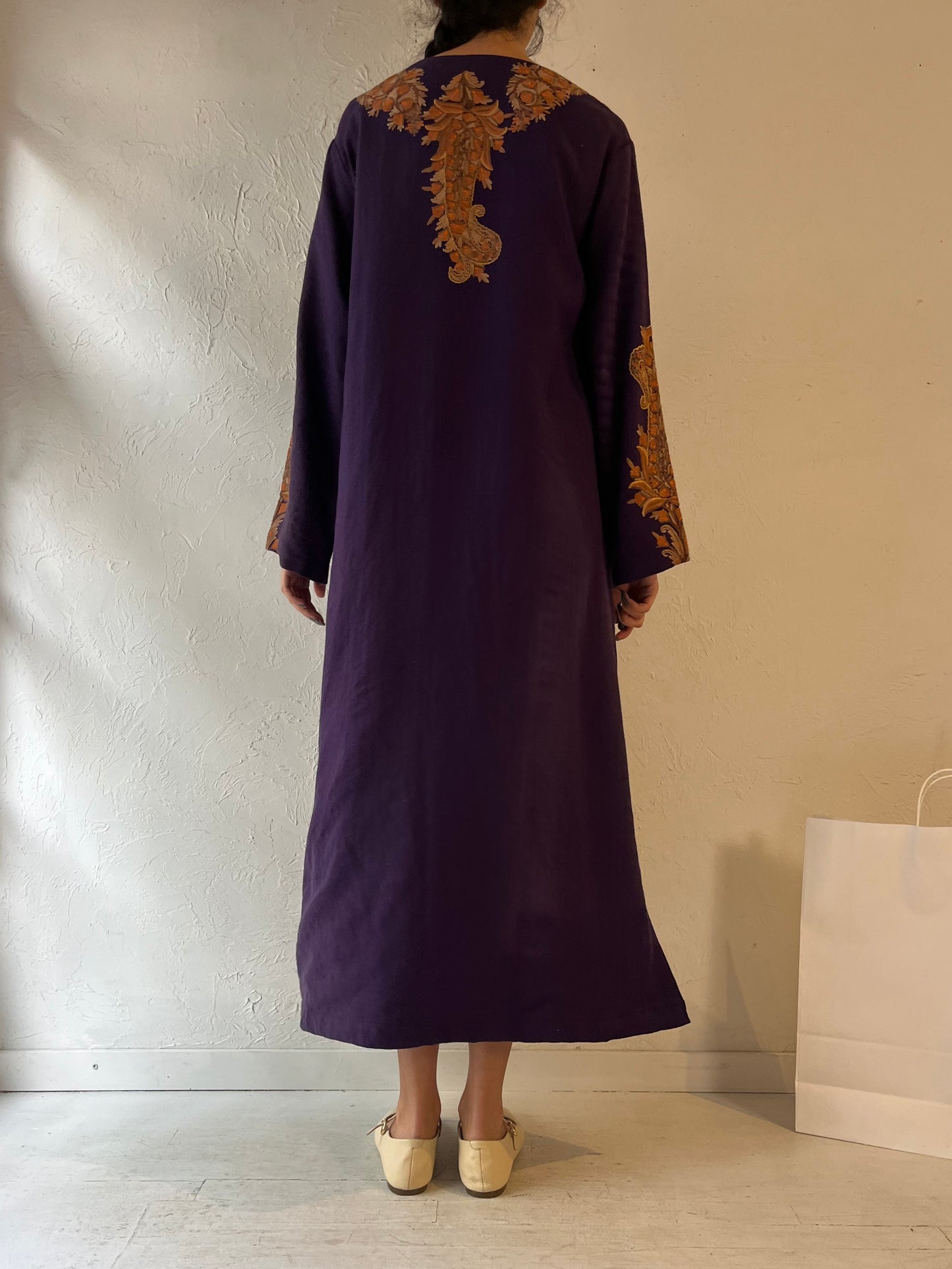 70s Long Purple Embroidered Cloak Coat / Medium