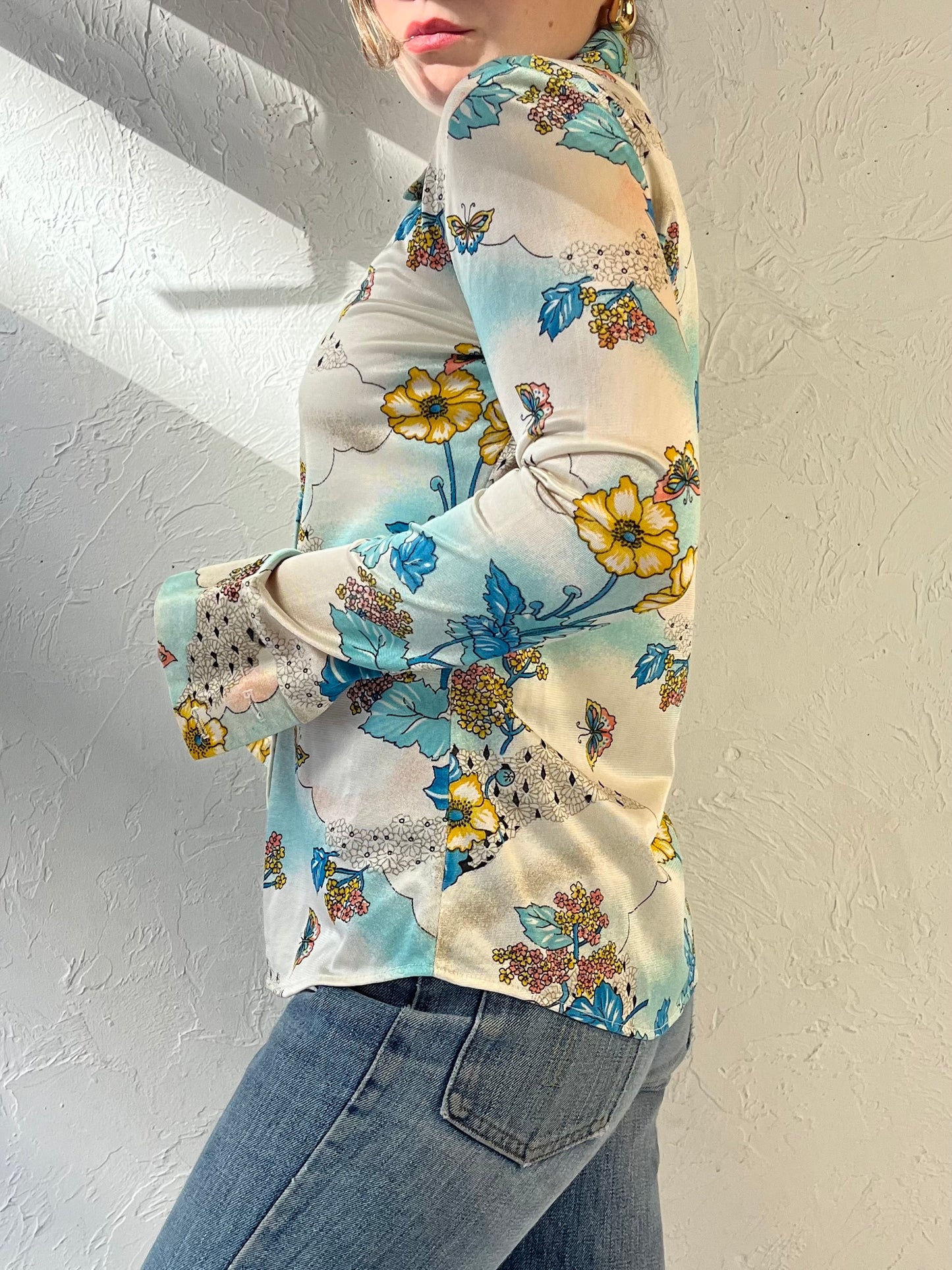 70s Union Made Blue Floral Button Up Blouse / Small