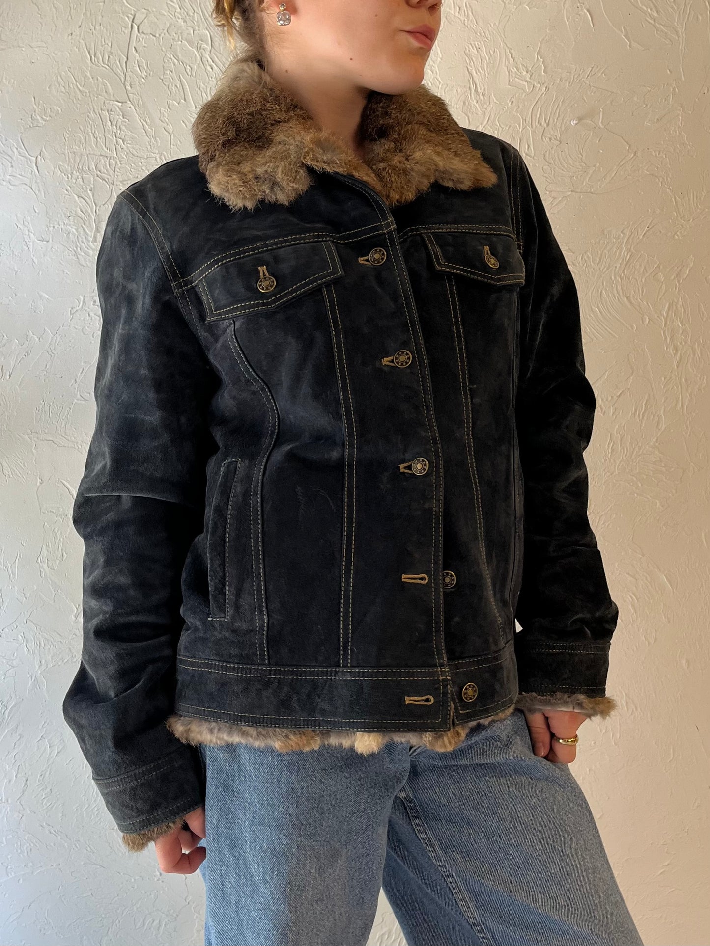 Y2k 'Wilsons Leather' Blue Suede Jacket with Rabbit Fur Trim / Medium