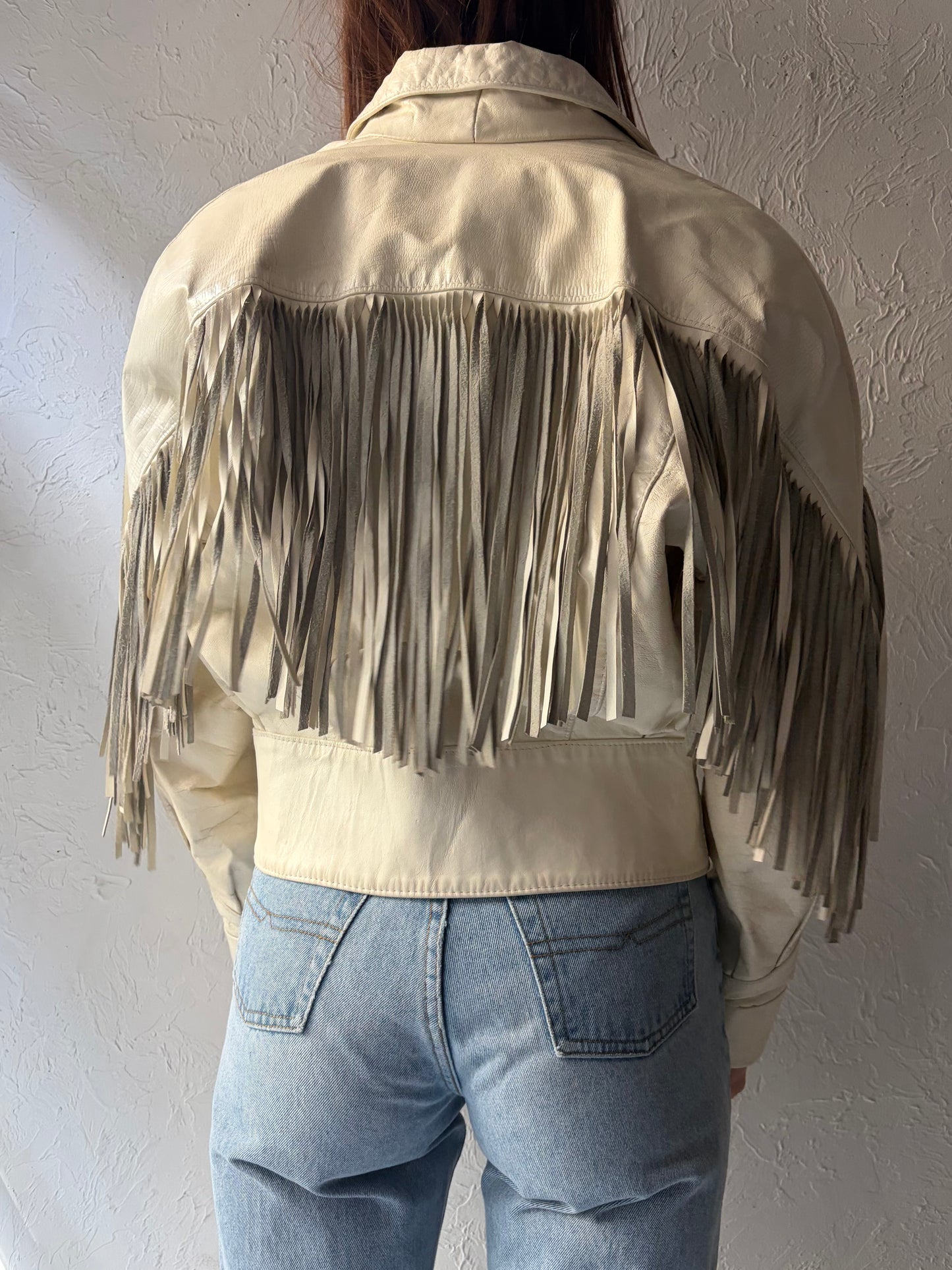 80s 'The Leather Ranch' White Leather Fringe Western Bomber Jacket / Vintage Retro Cowgirl Cropped Jacket / Small