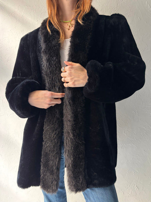 90s 'Jordache' Black Faux Fur Jacket / Medium - Large