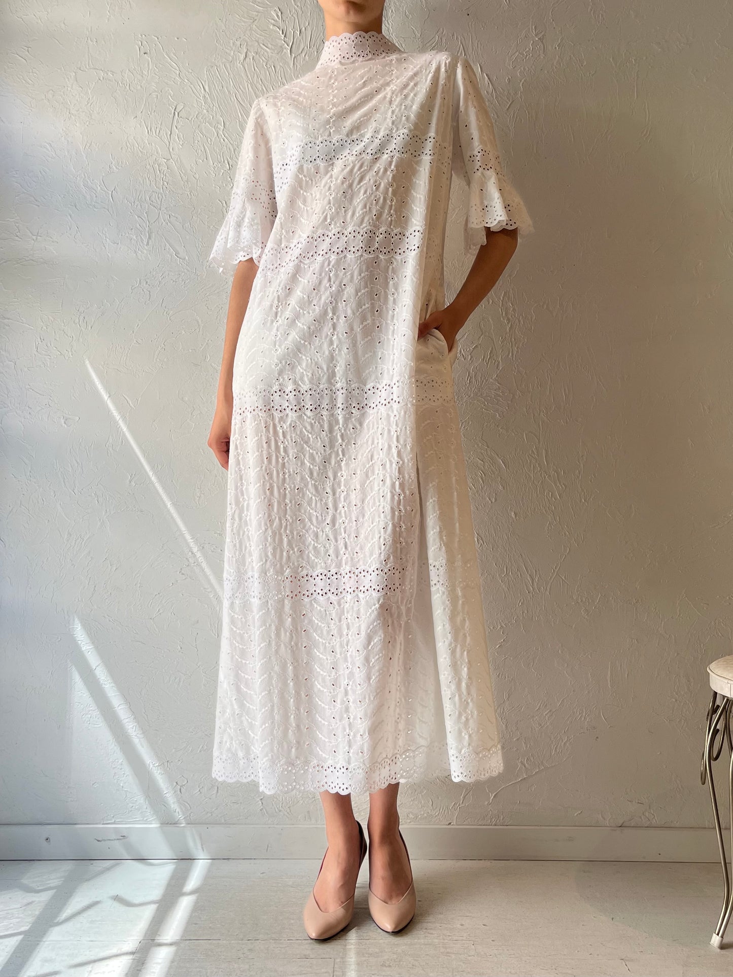 Vintage Handmade White Embroidered Cotton Prairie Summer Maxi Dress / Romantic Cottagecore Sundress / Medium