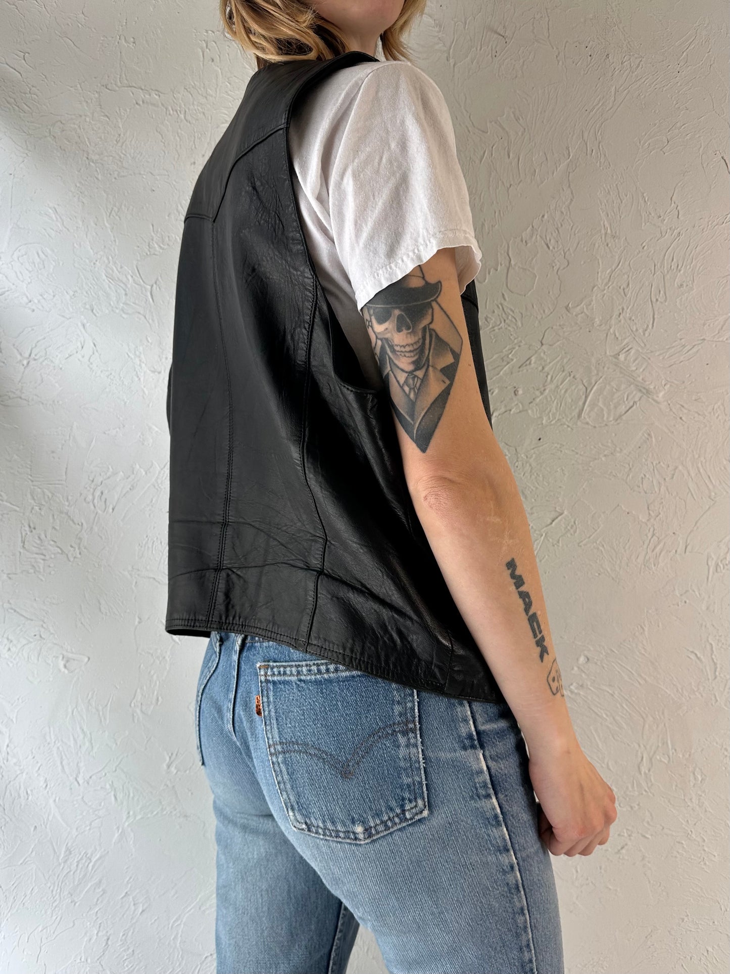 90s 'Expressions' Black Leather Vest / Large
