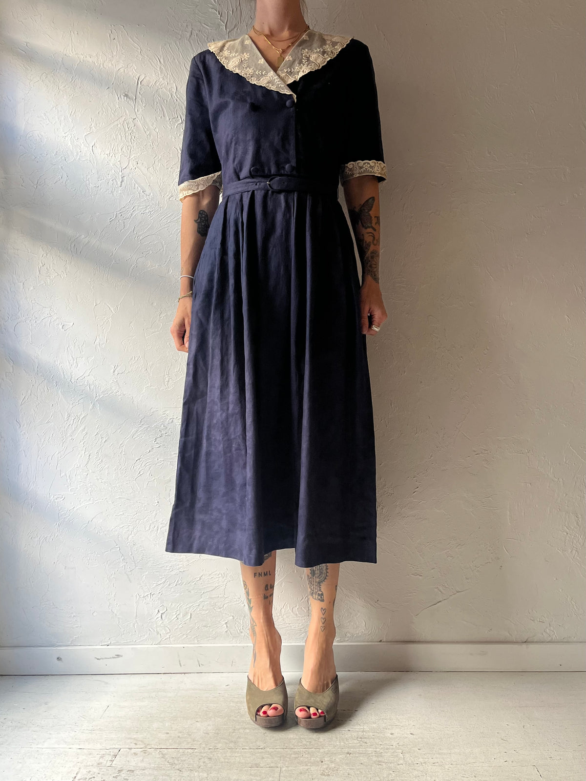 Vintage 'Laura Ashley' Navy Blue Lace Collared Dress / Small