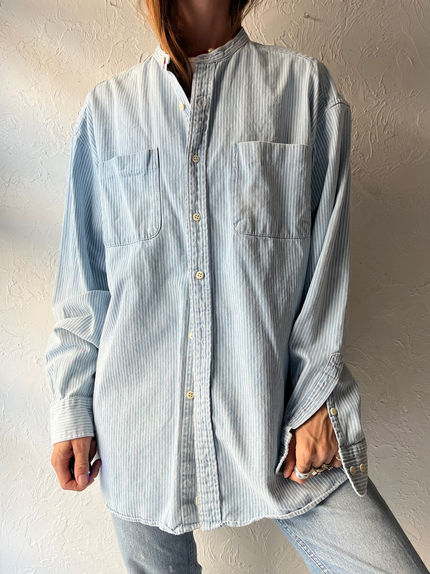90s 'Gap' Pinstripe Button Up Denim Shirt / Large