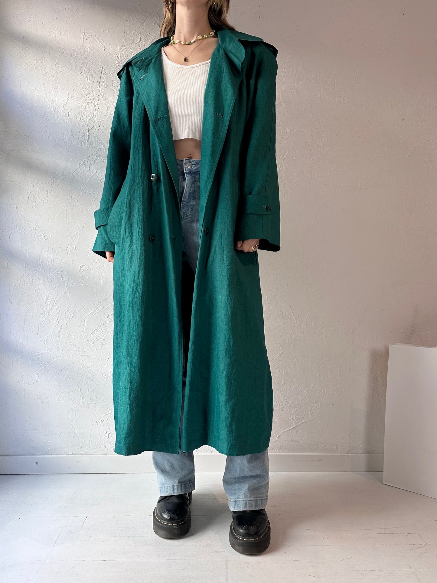 90s 'British Mist' Green Lined Trench Coat / Medium - Large