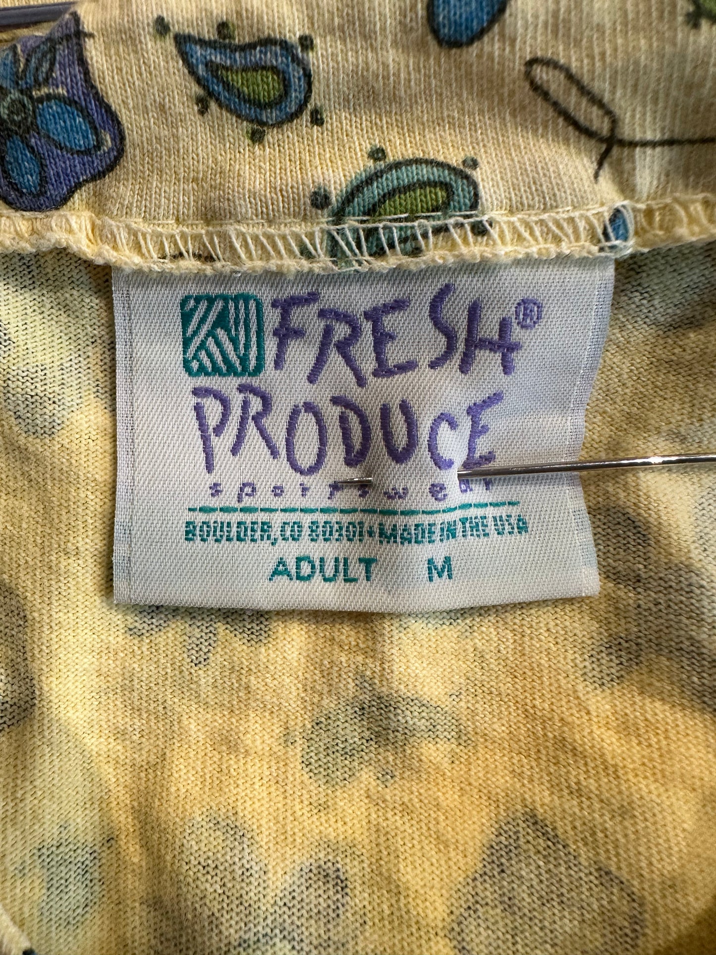 90s 'Fresh Produce' Yellow Cotton Floral Dress / Medium