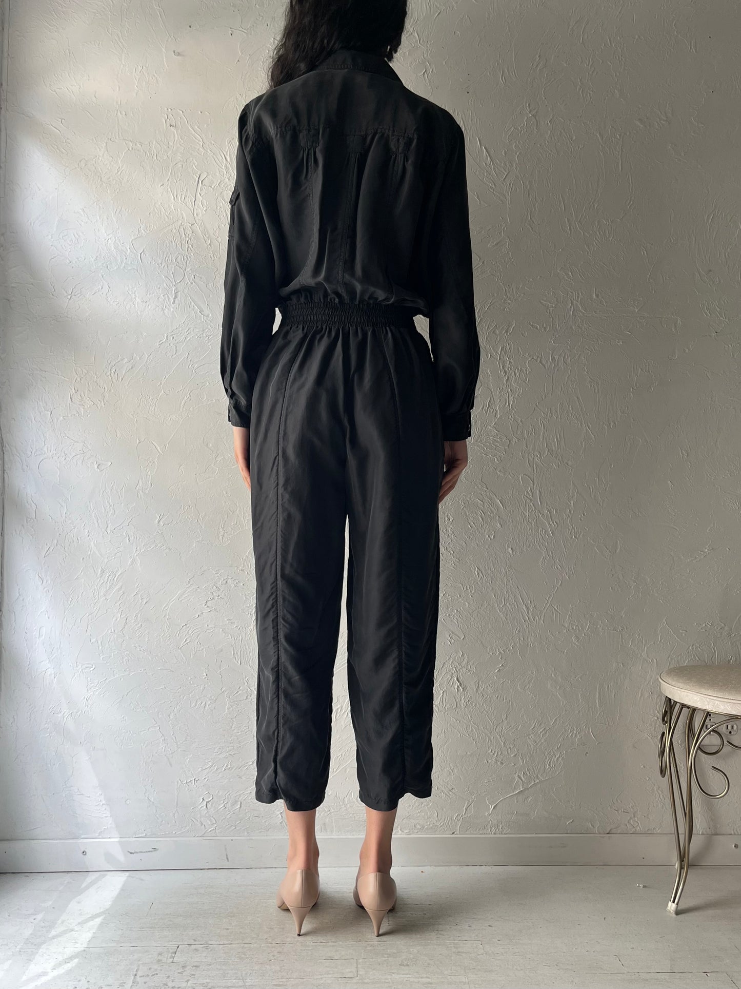 90s 'Sandwash' Black Retro Silk Jumpsuit / 1990s Minimalist One Piece / Small