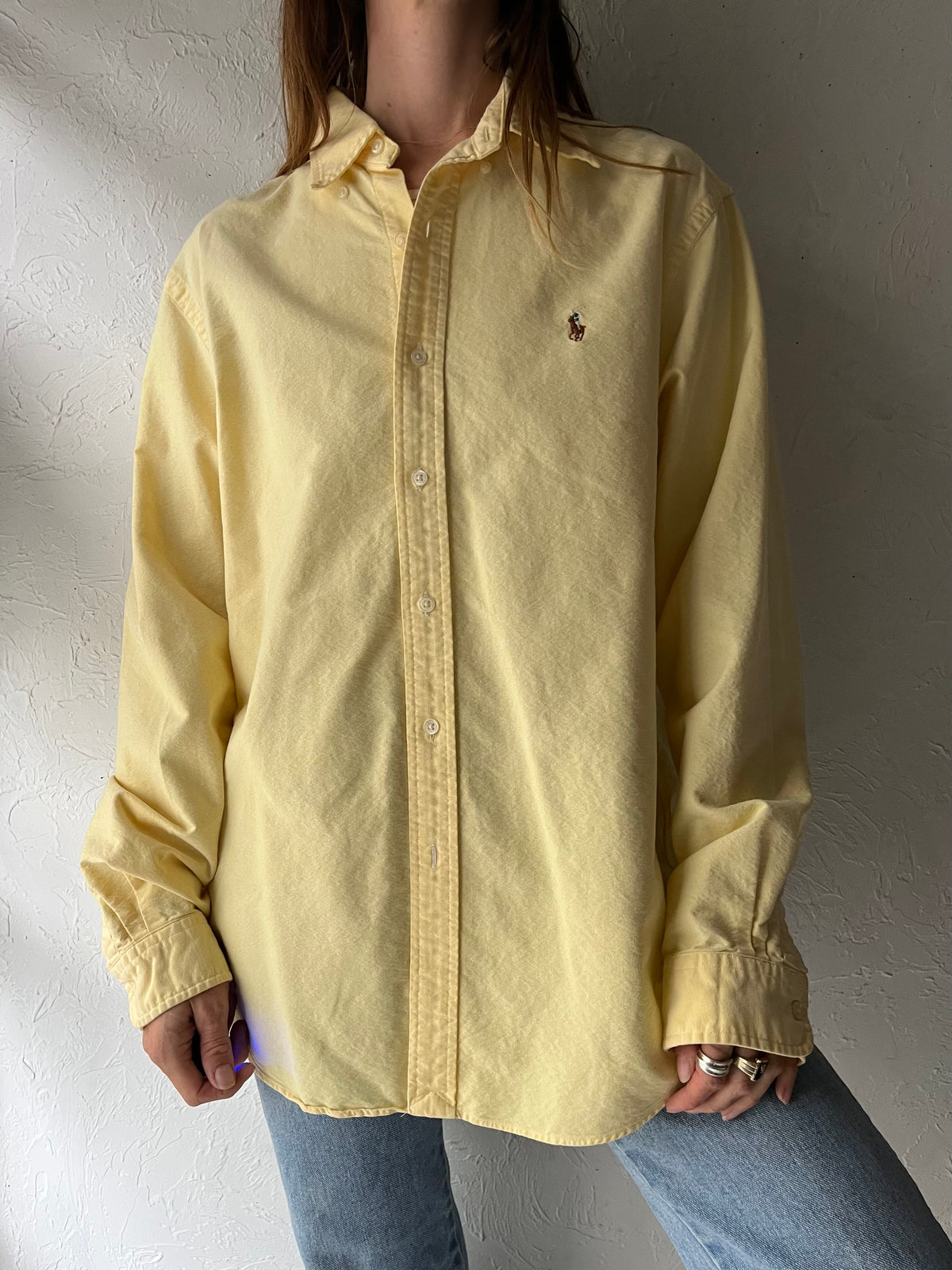 Y2k 'Ralph Lauren' Yellow Cotton Button Up Mens Shirt / Large
