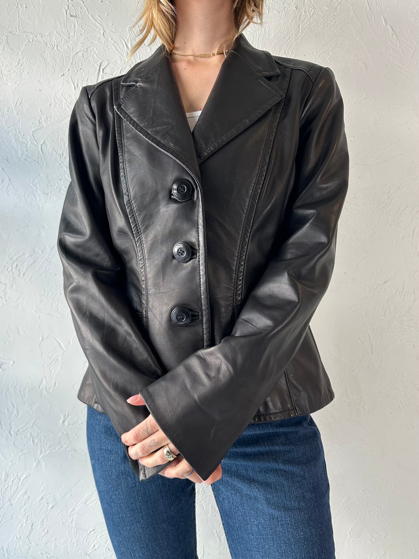 90s 'Danier' Black Leather Jacket / Large