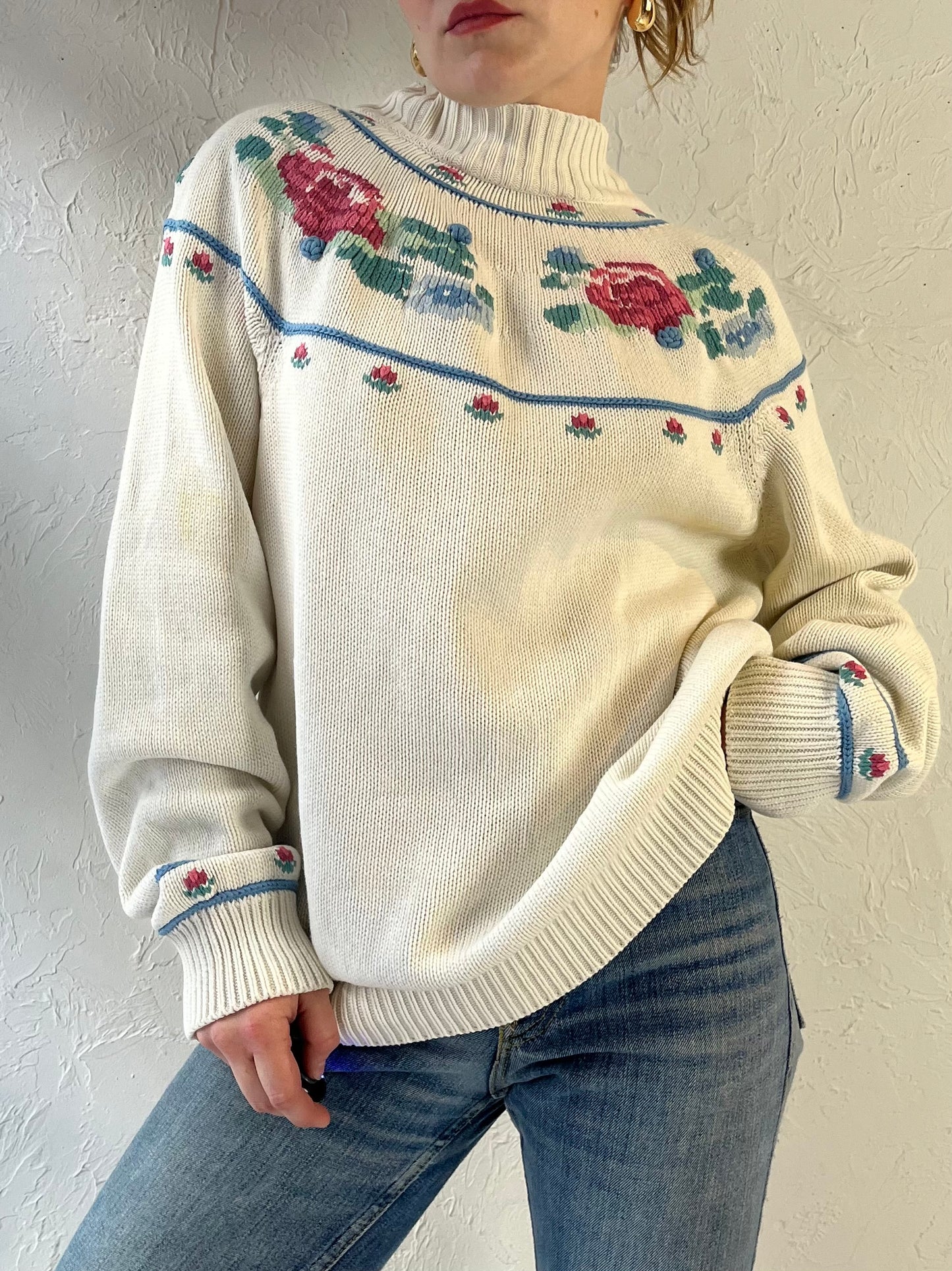 90s ‘North Country’ Floral Knit Sweater / Medium