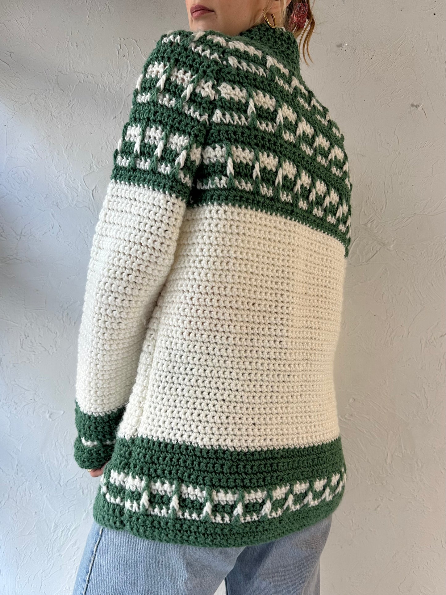 Vintage Hand Knit Green and White Acrylic Cardigan Sweater / Medium - Large