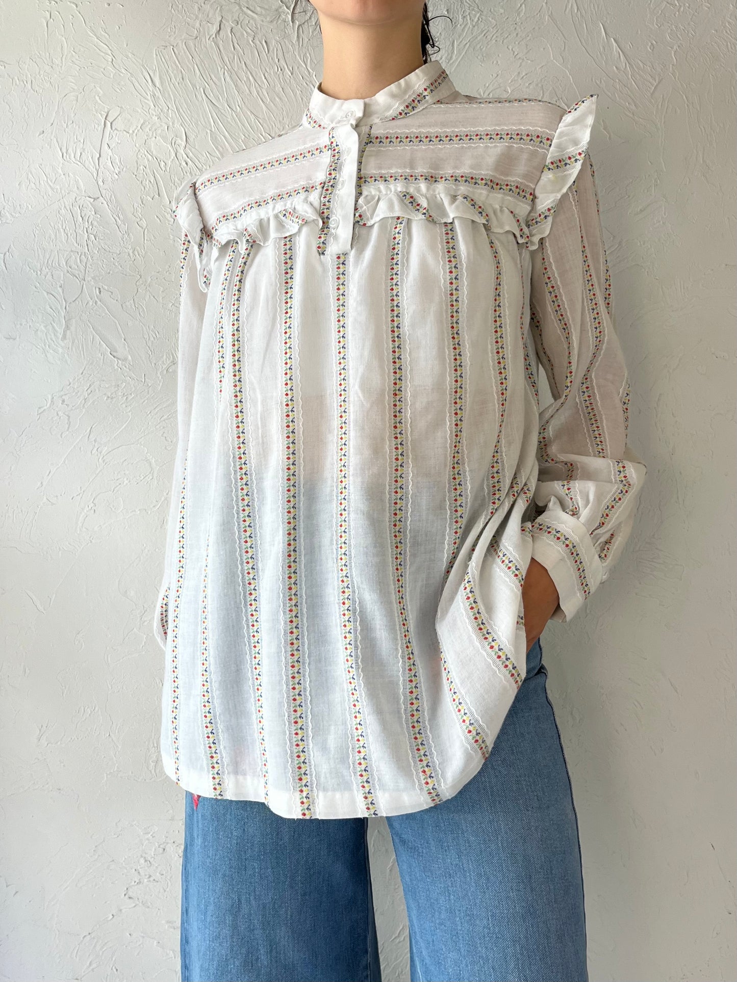 70s Paper Thin Western Ruffle Blouse / Small