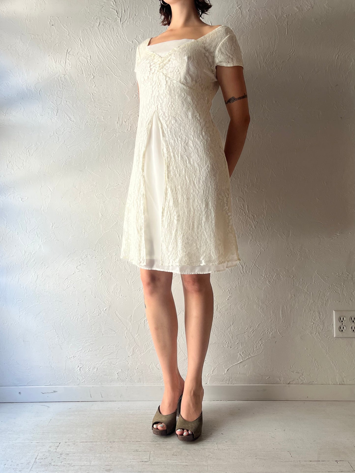 90s 'SL Fashions' White Lace Dress / Medium