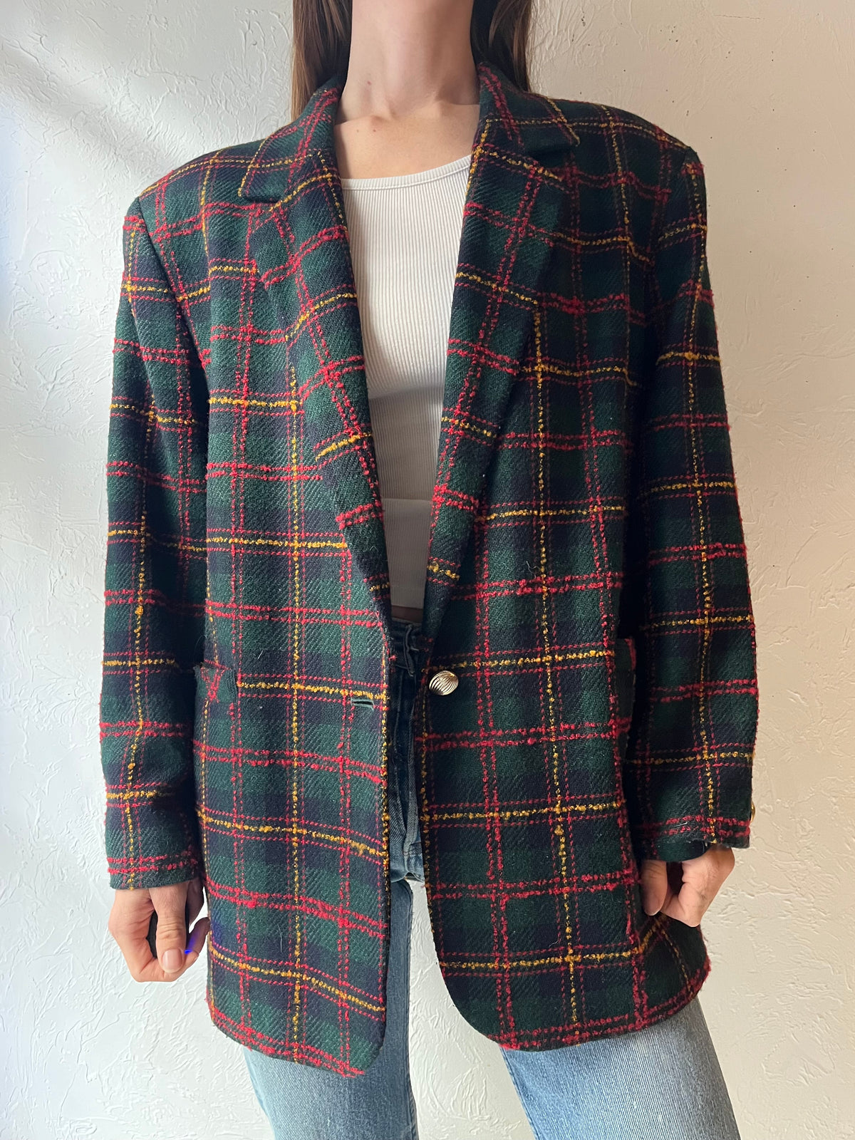 90s 'Bianca' Green Plaid Preppy Academia Oversized Blazer Jacket / Large