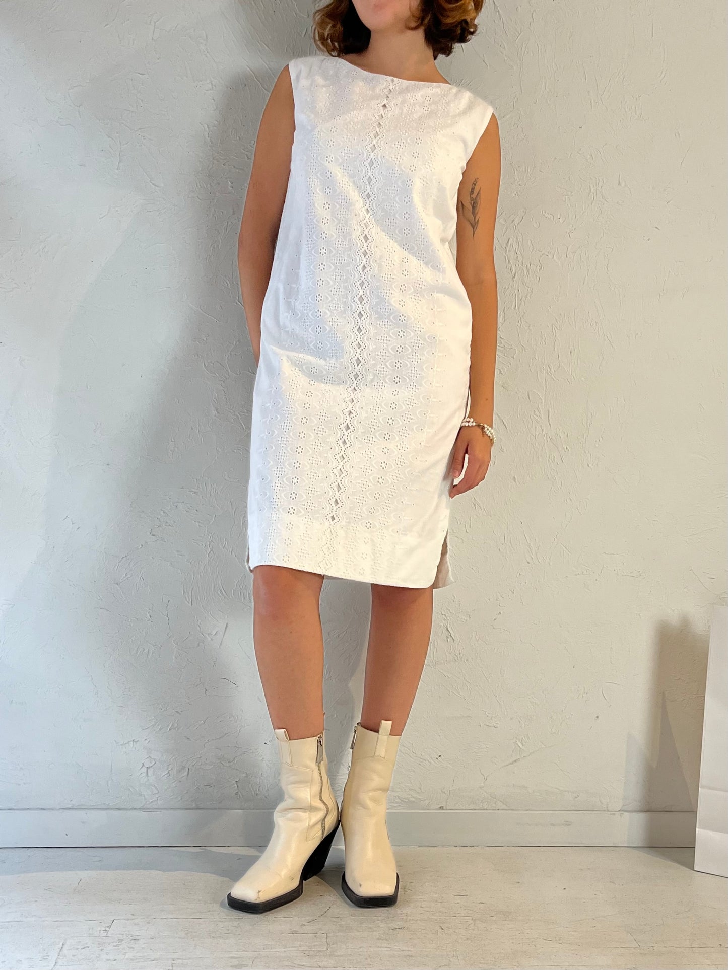 80s 'Marge Hall' White Eyelet Midi Dress / Small