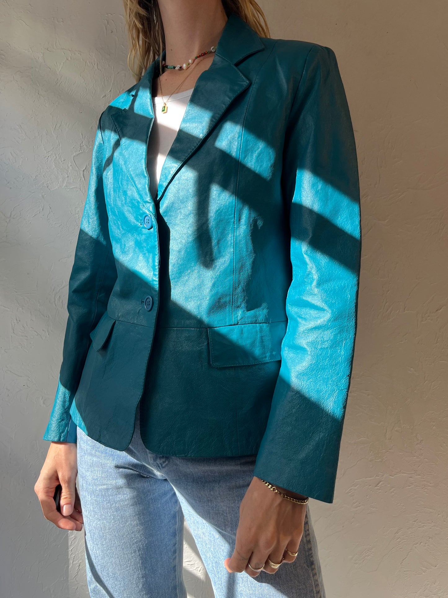 Y2k 'Chadwicks' Blue Leather Jacket / Medium