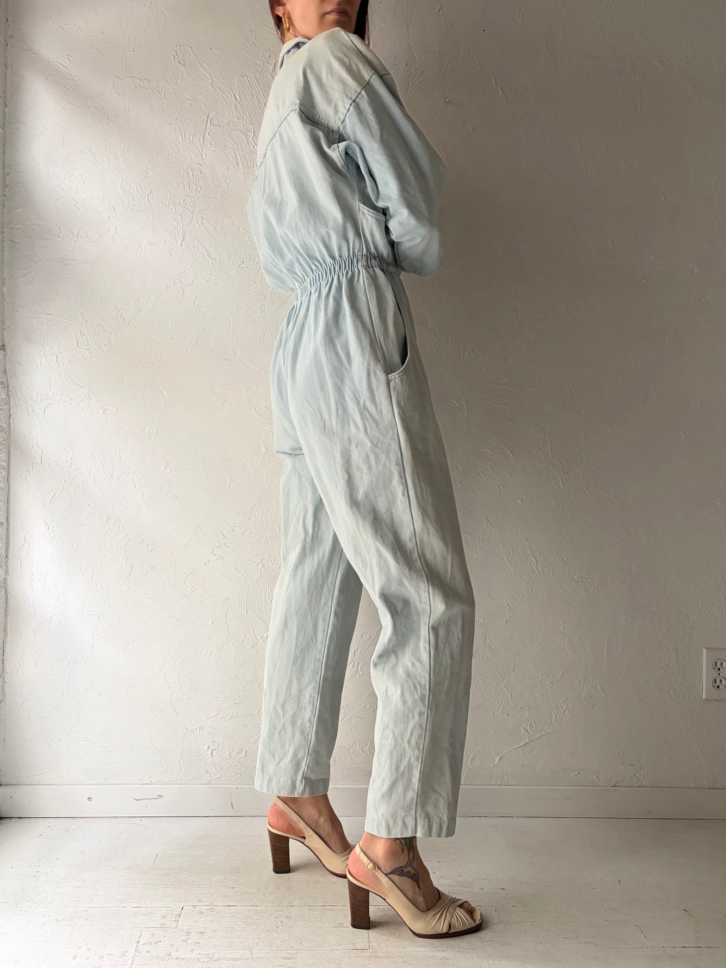 80s 'Ideas' Light Denim Retro Jumpsuit / Vintage 1980s Streetwear Jean One Piece / Small