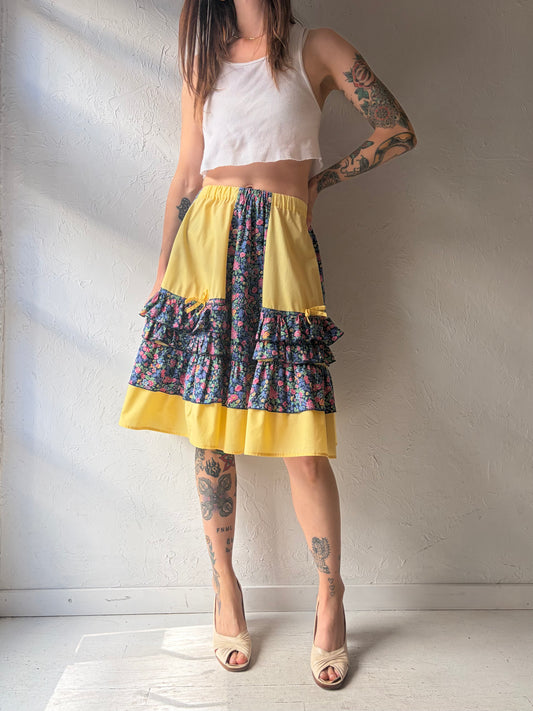 Vintage Handmade Prairie Western Yellow Floral Summer Skirt / Cottagecore A-Line Midi Skirt / Meidum