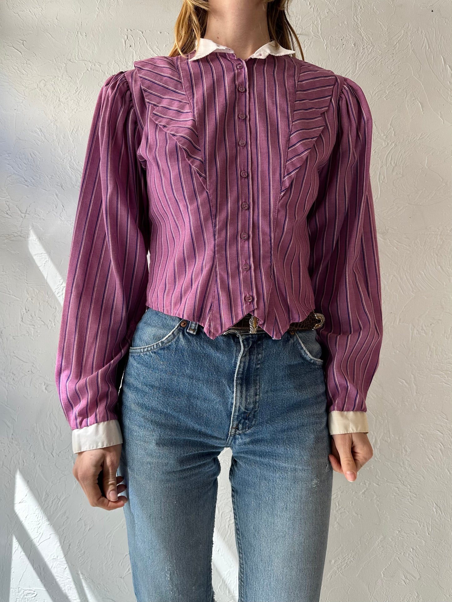 70s 'Freedom' Purple Striped Blouse / Medium