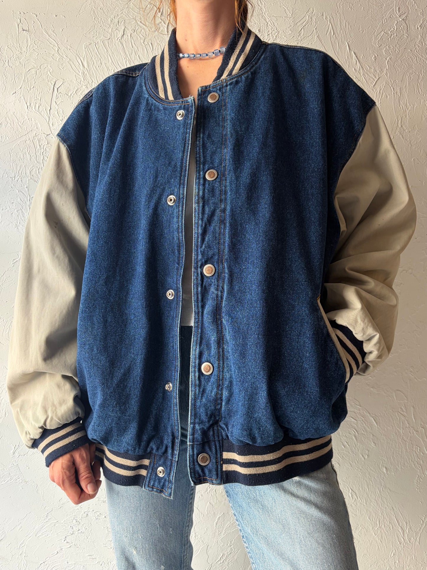 90s 'Northwest Territory' Denim Bomber Jacket / Large