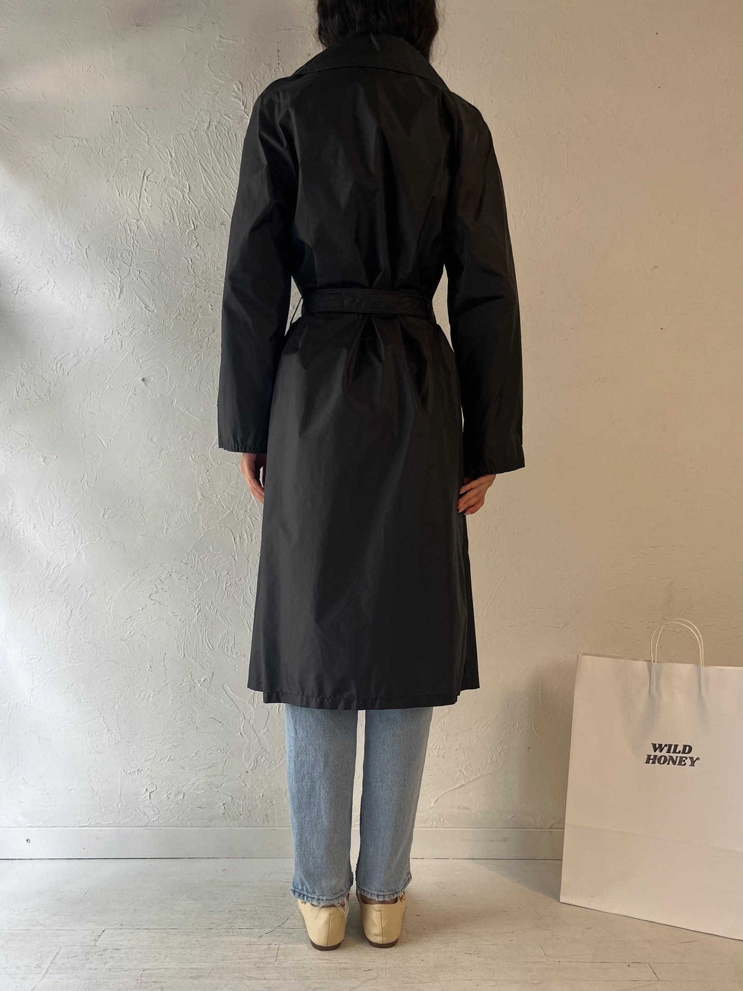 80s 'Aqua Sheen' Black Light Weight Trench Coat / Medium