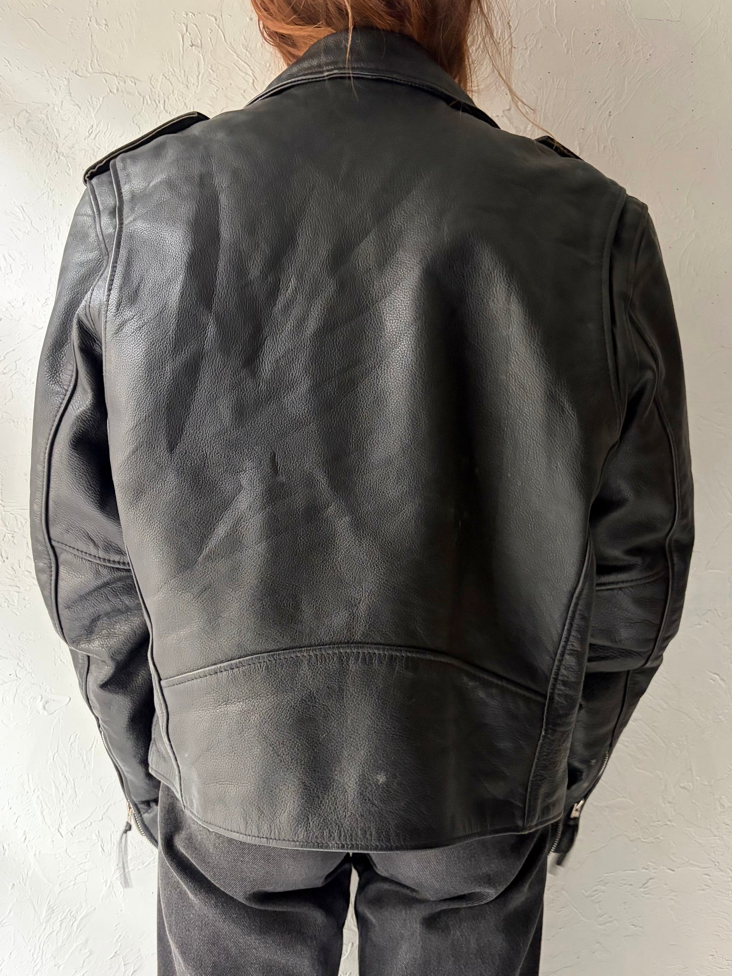 90s 'FMC' Heavy Duty Leather Moto Jacket / Large