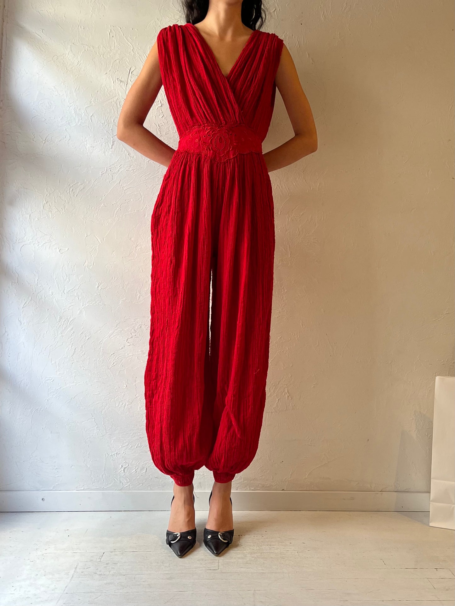 90s ‘Eva’ Red Crinkle Jumpsuit / Small
