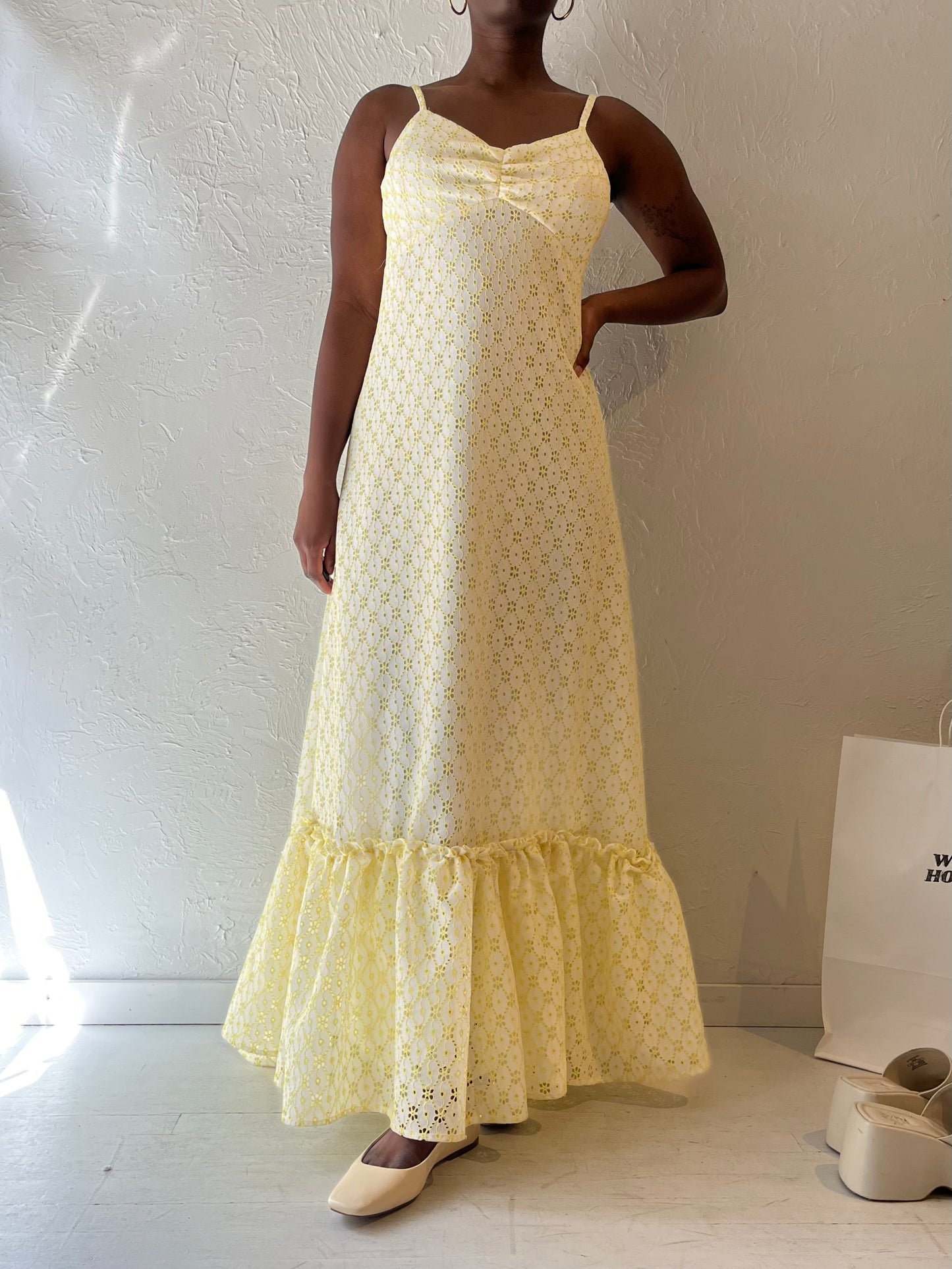 Vintage Handmade Yellow Eyelet Maxi Dress / Medium