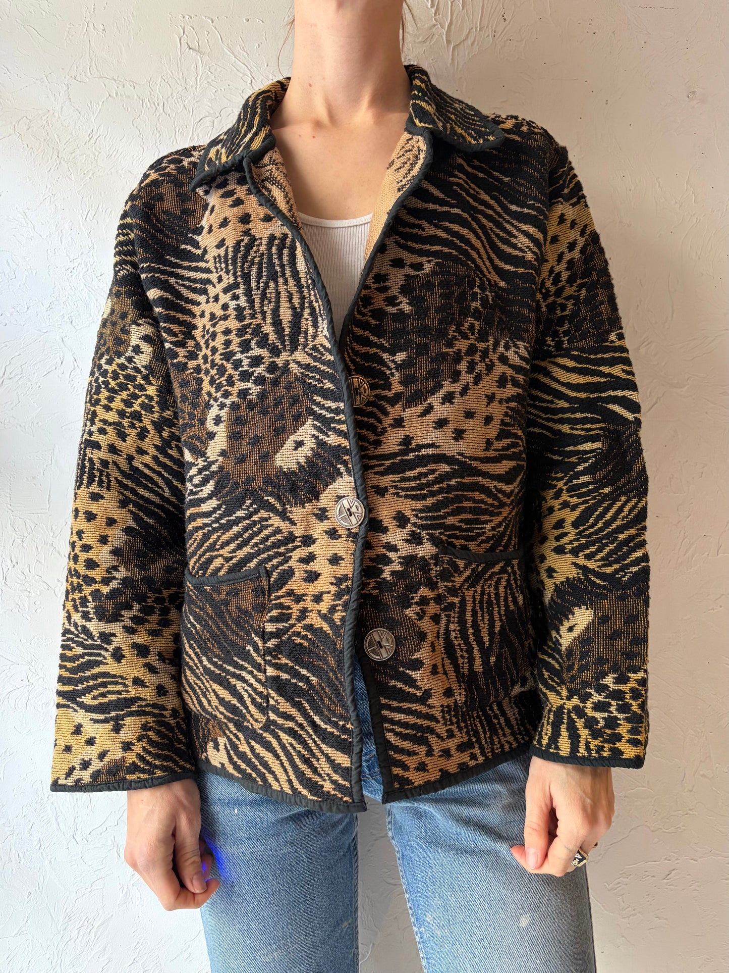 90s 'Jane Ashley' Animal Print Cotton Tapestry Jacket / Large