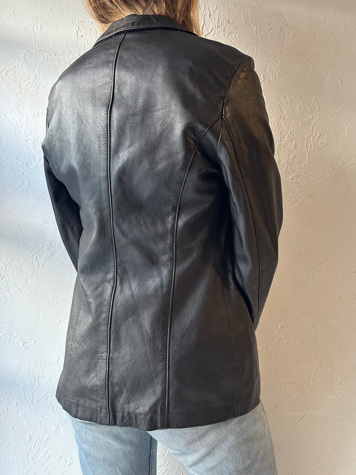 90s ‘Planet Euro’ Black Leather Jacket / Small