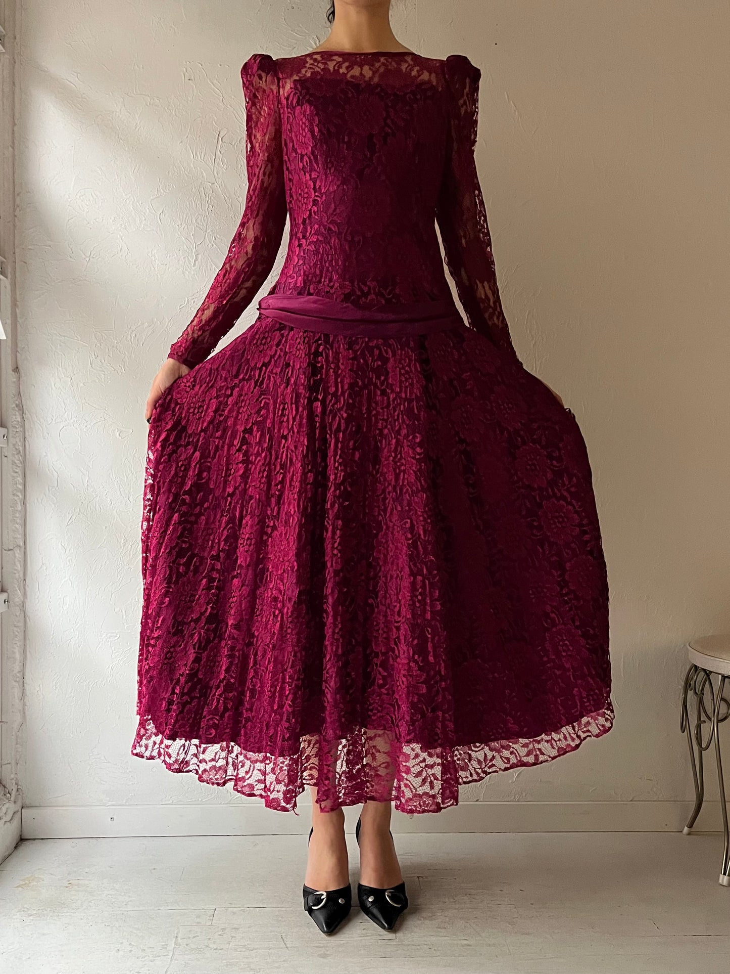 80s 'Highlite' Burgundy Lace Dress / Medium