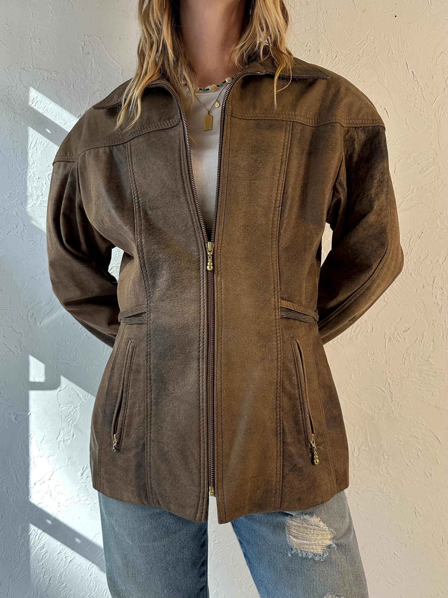 90s 'Leather Ranch' Brown Leather Jacket / Medium