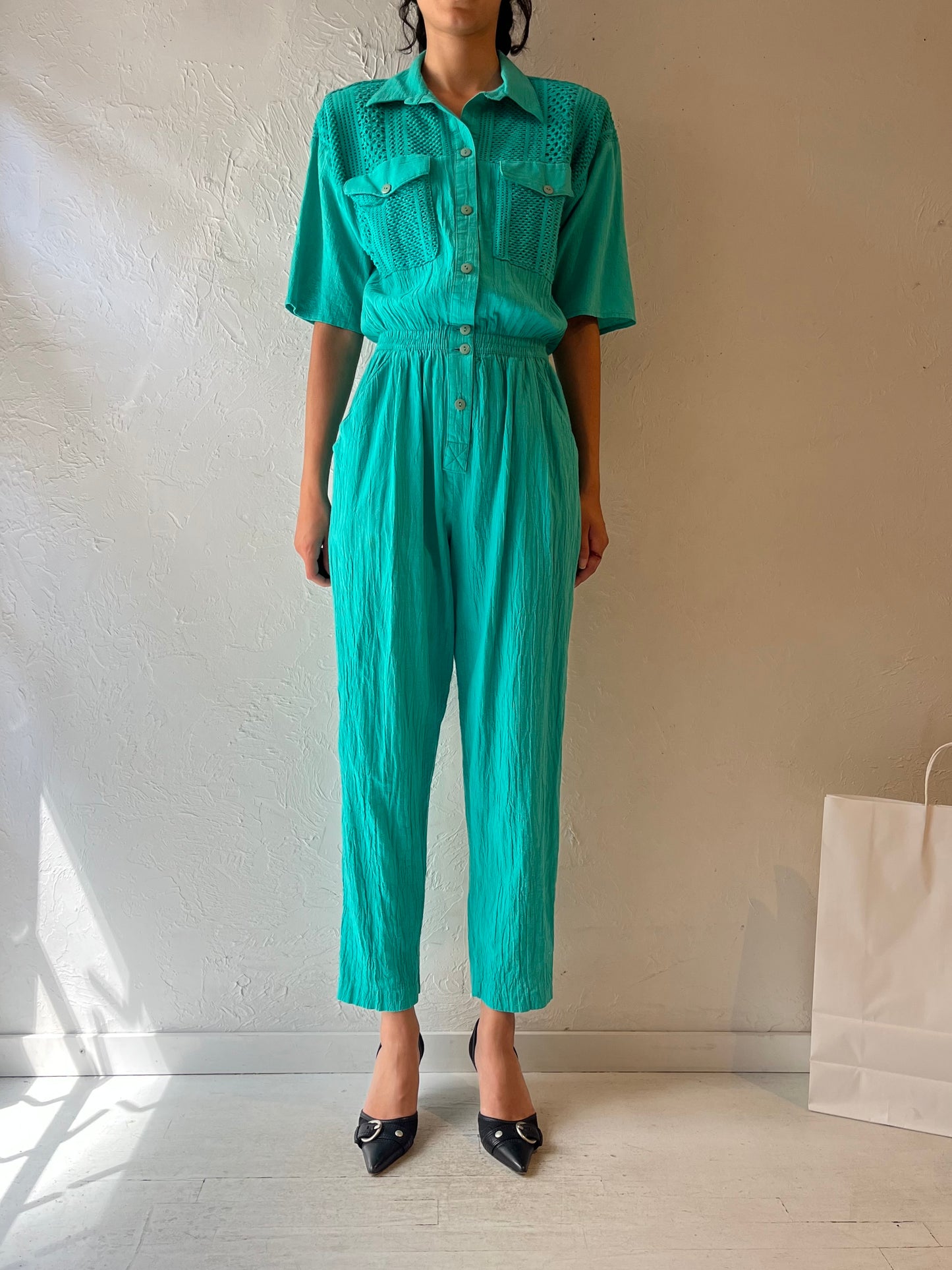 90s ‘Sea Suns’ Teal Collared Jumpsuit / Medium