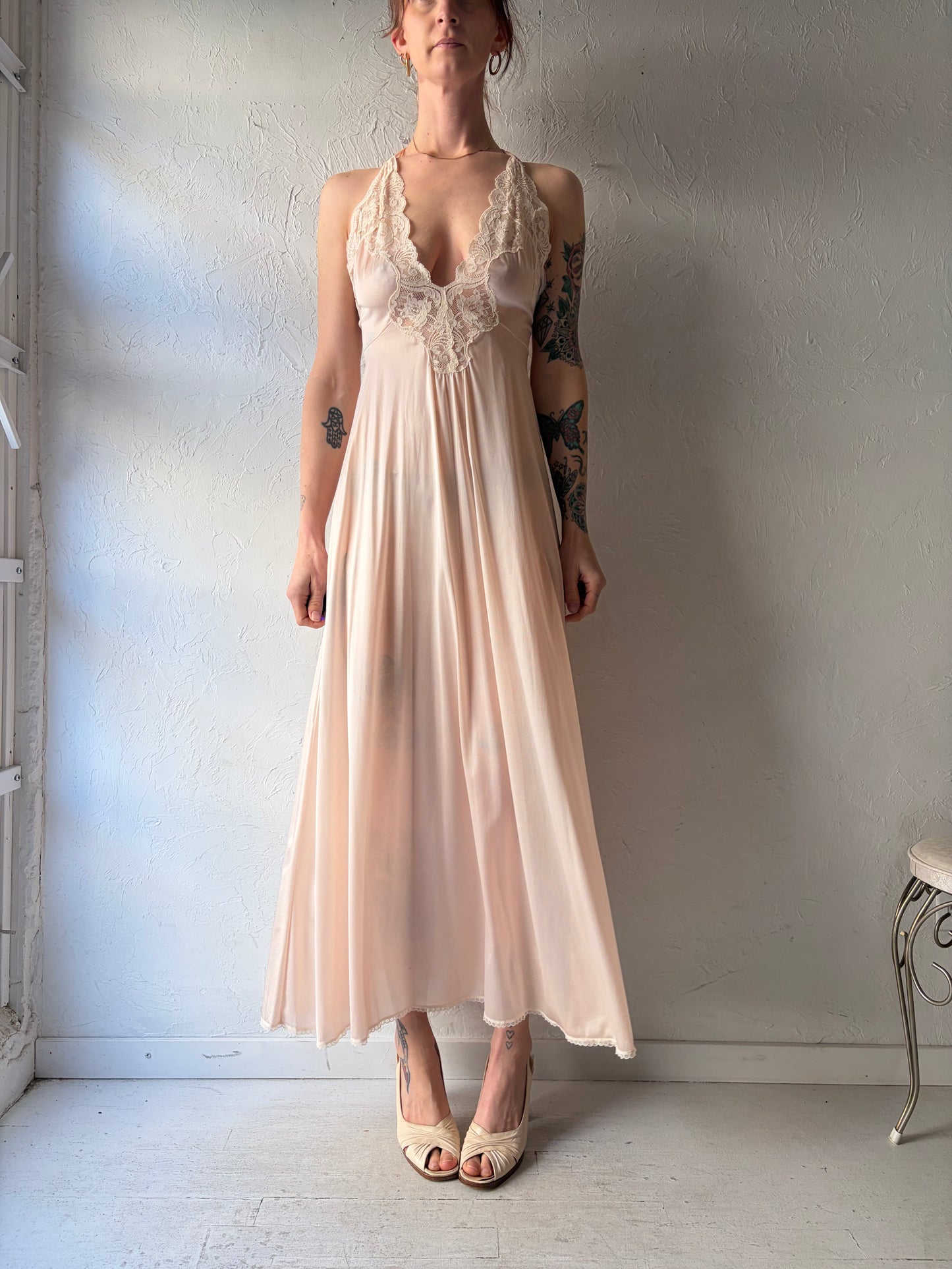 80s 'Miss Elaine' Peach Lacey Maxi Slip Dress / Union Made / Small