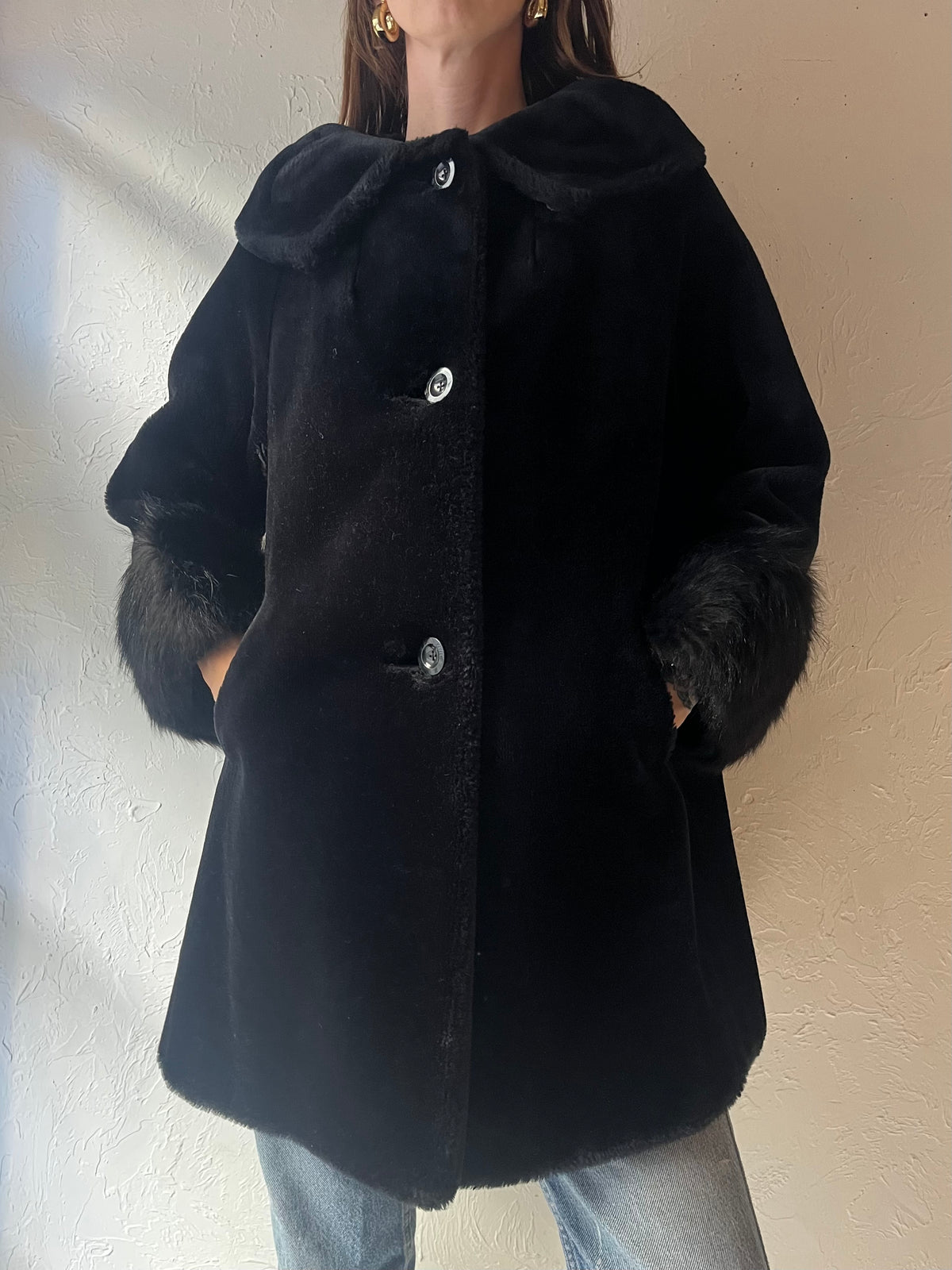 80s ‘Glamasale’ Black Faux Fur Mob Wife Glam Winter Outerwear Jacket / Small