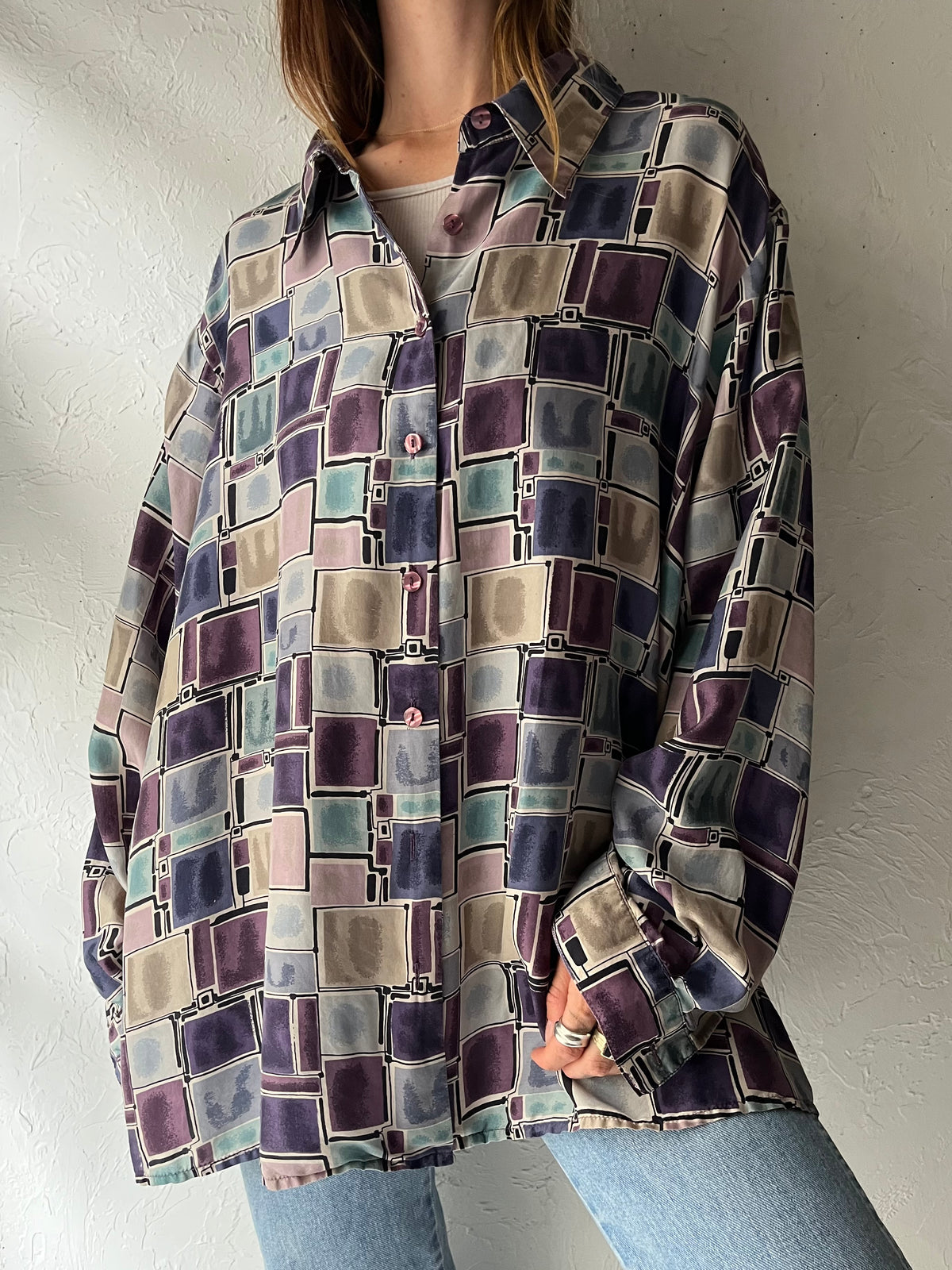 90s 'Stunt Woman' Oversized Retro Patterned Silk Top / XL