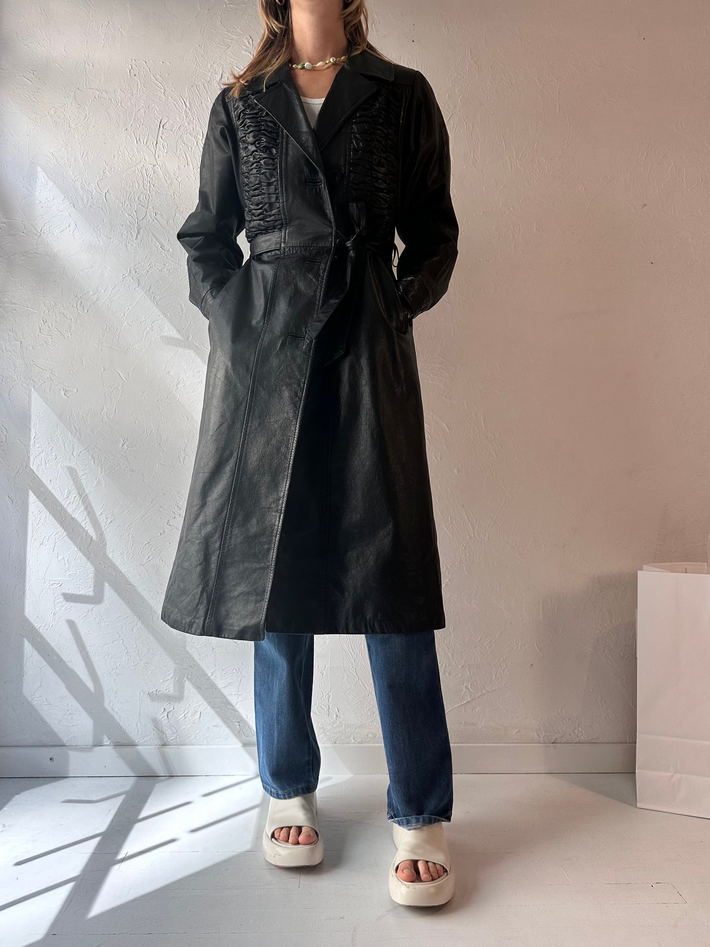 90s 'Sterling Stall' Black Leather Coat / Medium