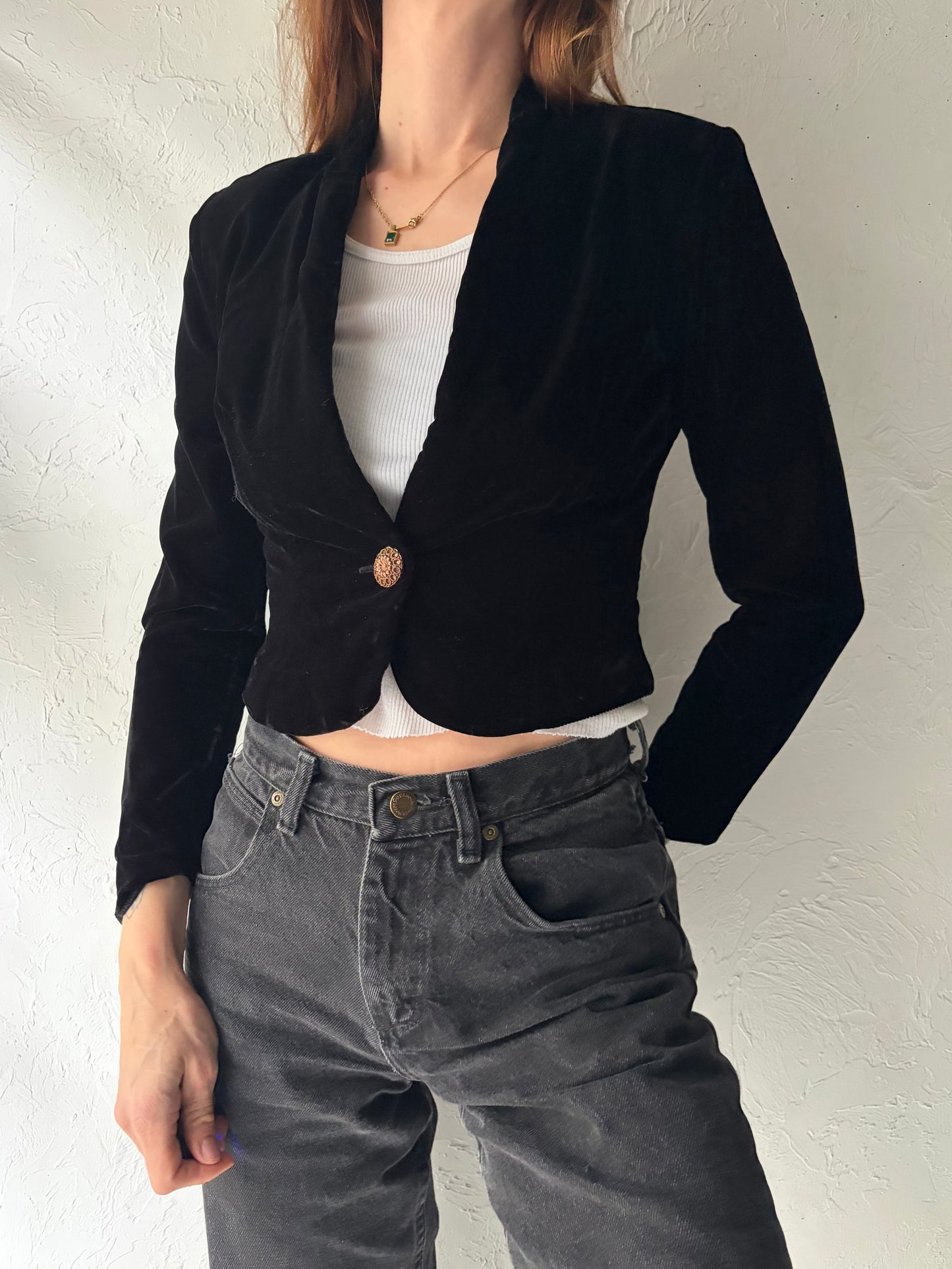80s 'Orite Petites' Black Velvet Party Blazer / Vintage 1980s Union Made Cropped Evening Jacket / Small