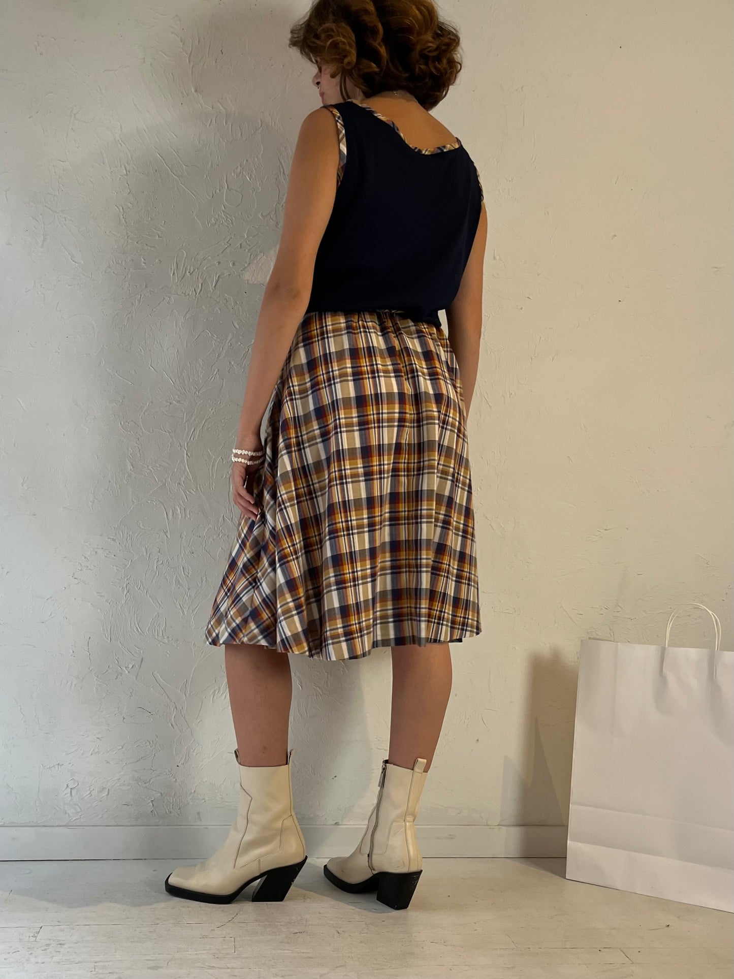 70s 'Toni Todd' Plaid Sleeveless Midi Dress / Medium