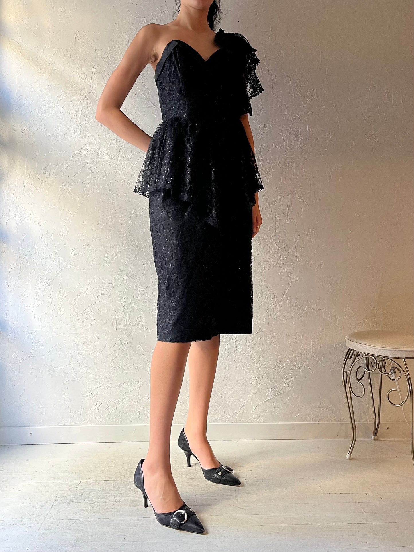 80s ‘Collections’ Black Lace Midi Formal Dress / Medium
