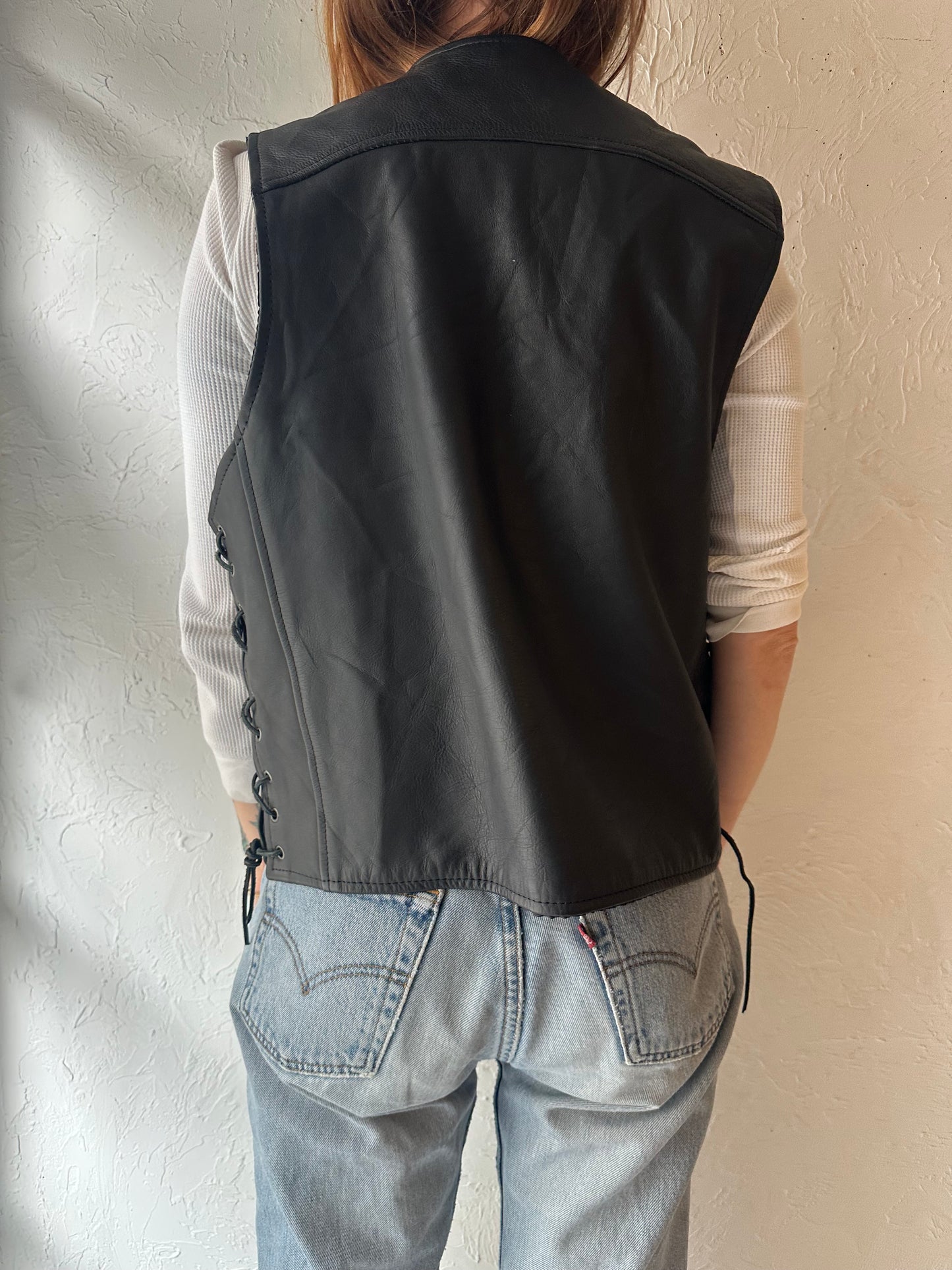 Y2k ' Milwaukee' Black Heavy Duty Leather Biker Vest / Medium