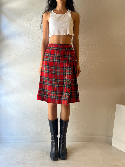 Vintage Red Pleated Plaid Wool Knit Skirt / Small