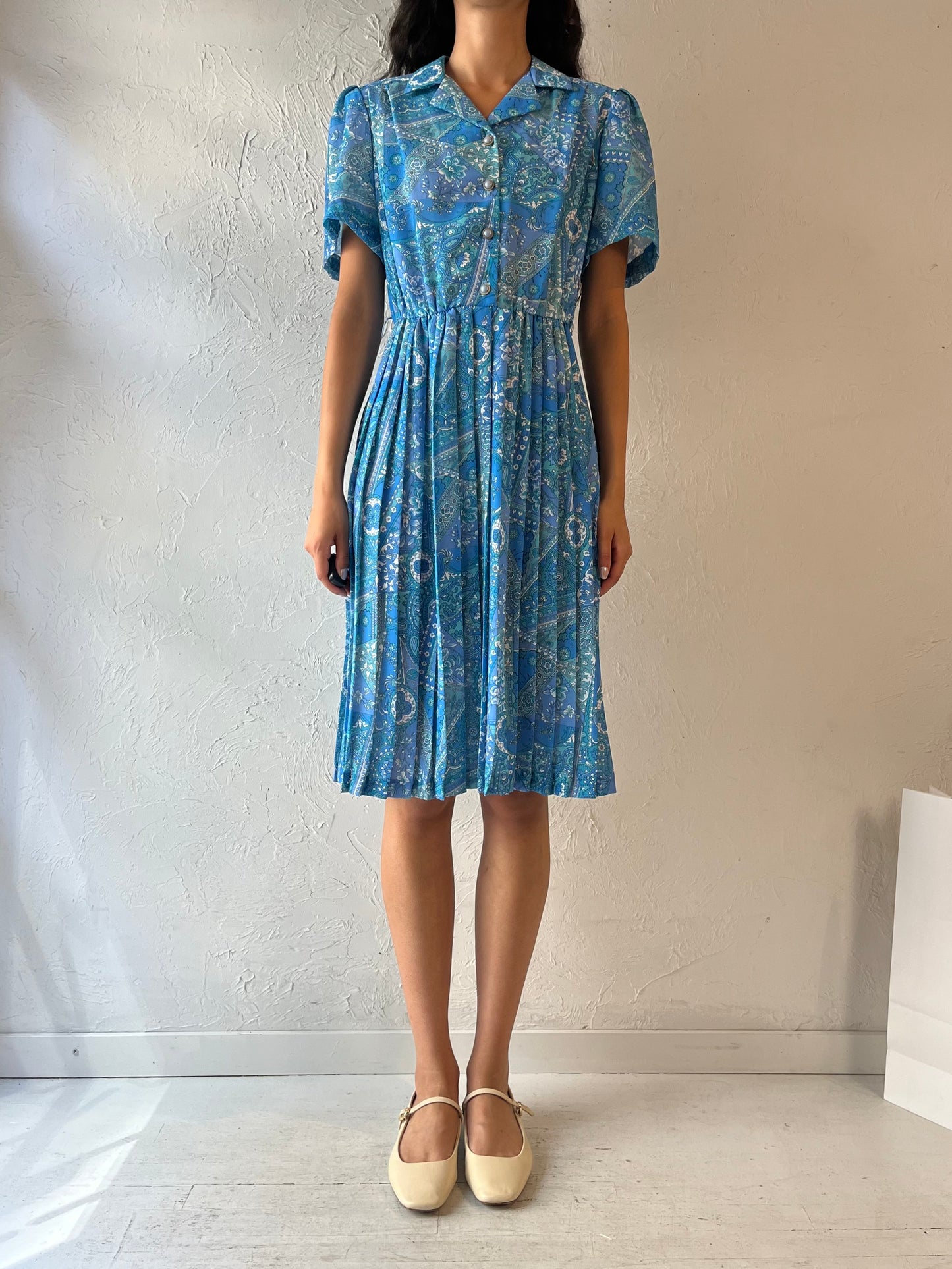 80s 'Leo Damal' Blue Paisley Midi Dress / Small