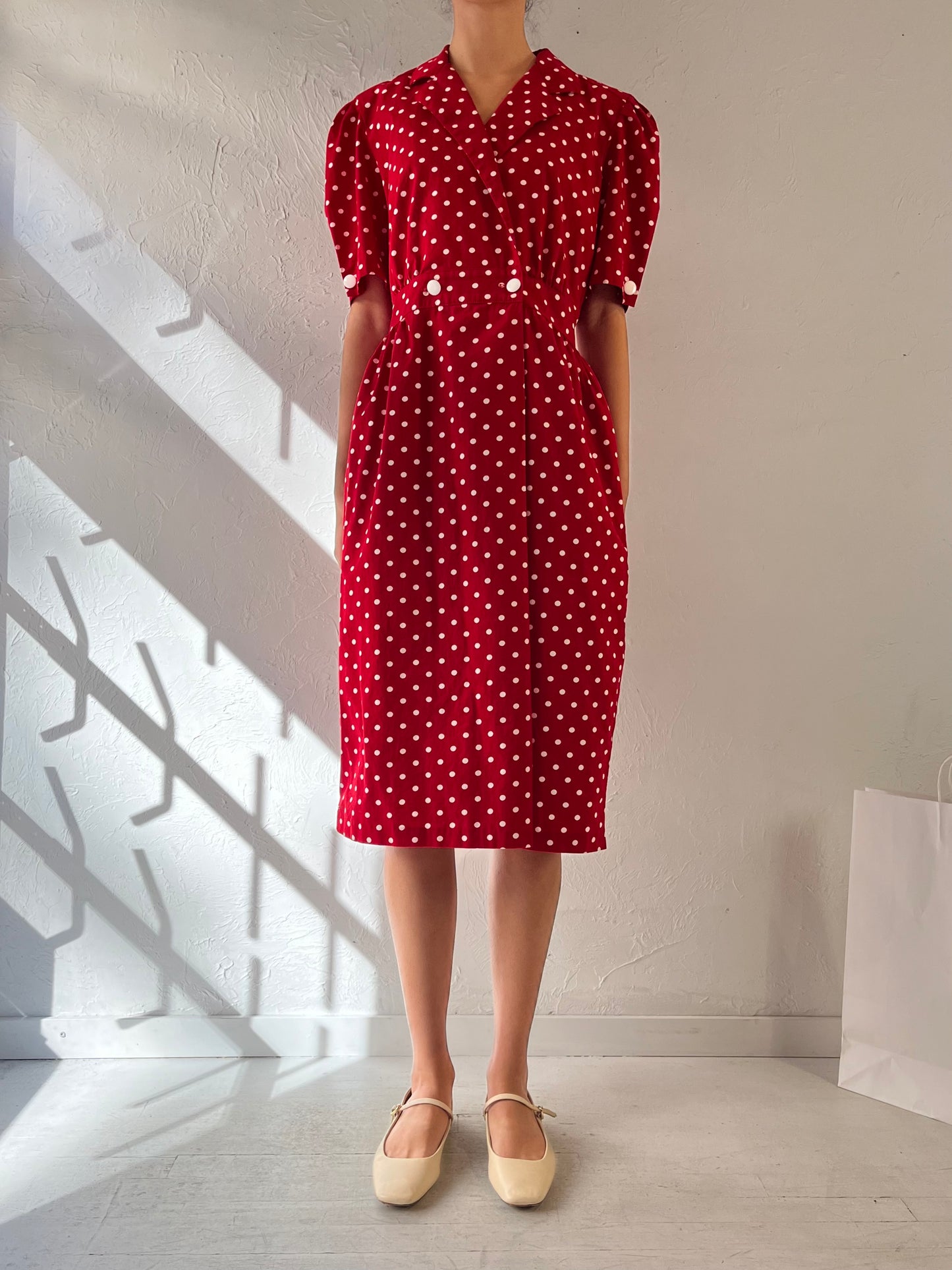 80s ‘Ronni Nicole’ Red Polka Dot Puff Sleeve Collared Dress / Medium